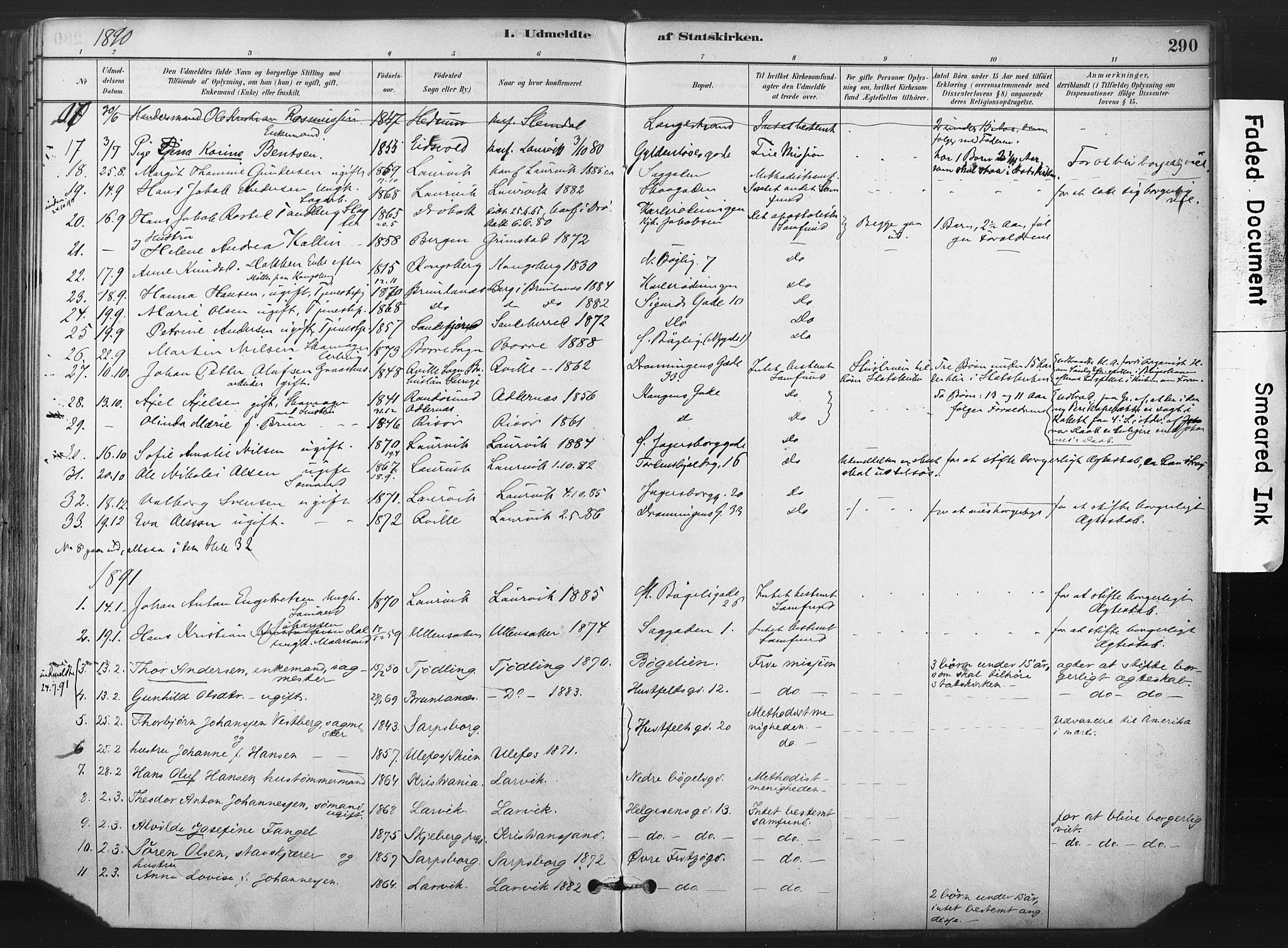 Larvik kirkebøker, SAKO/A-352/F/Fa/L0010: Parish register (official) no. I 10, 1884-1910, p. 290