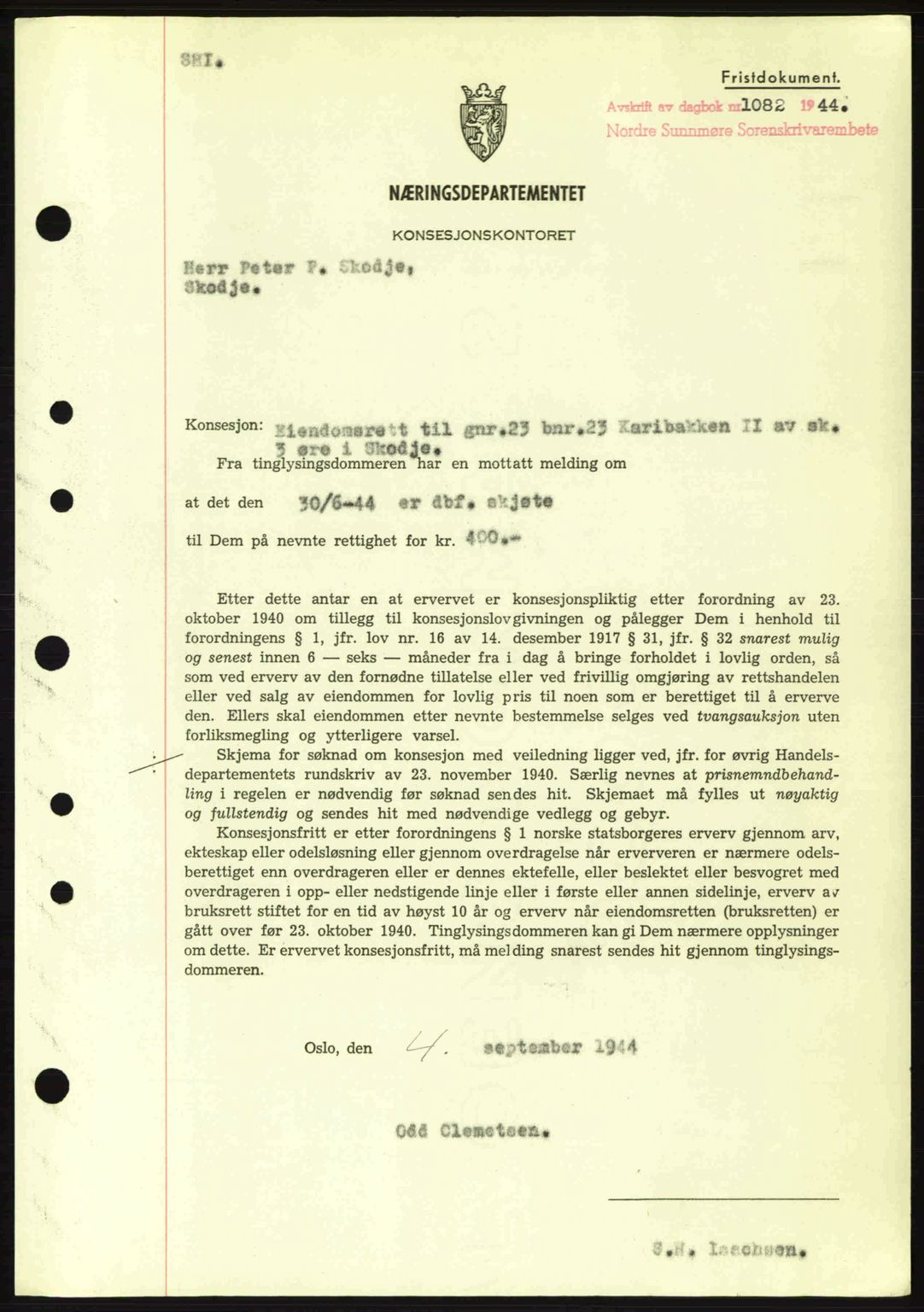 Nordre Sunnmøre sorenskriveri, SAT/A-0006/1/2/2C/2Ca: Mortgage book no. B6-14 a, 1942-1945, Diary no: : 1082/1944