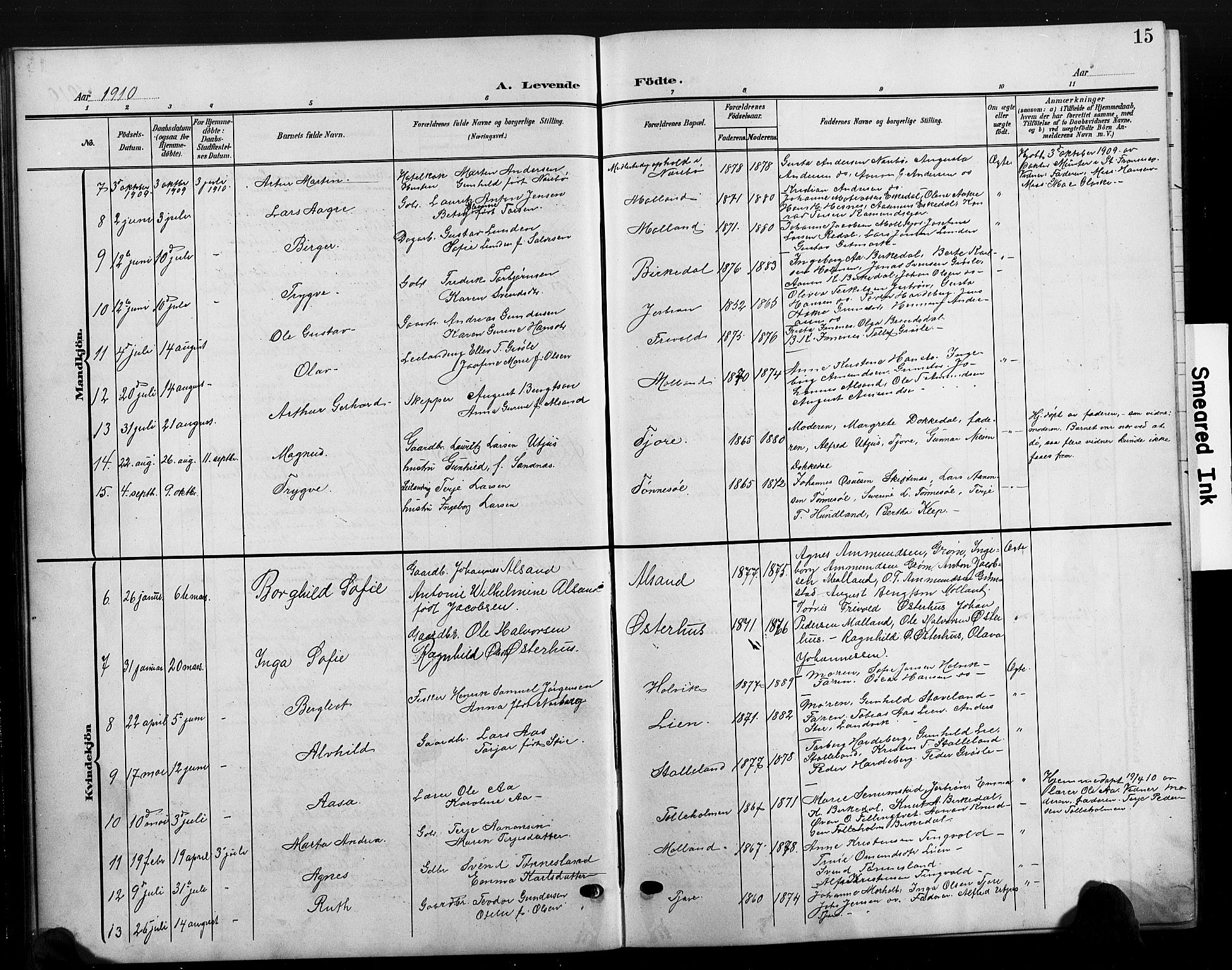Hommedal sokneprestkontor, SAK/1111-0023/F/Fb/Fbb/L0008: Parish register (copy) no. B 8, 1905-1929, p. 15