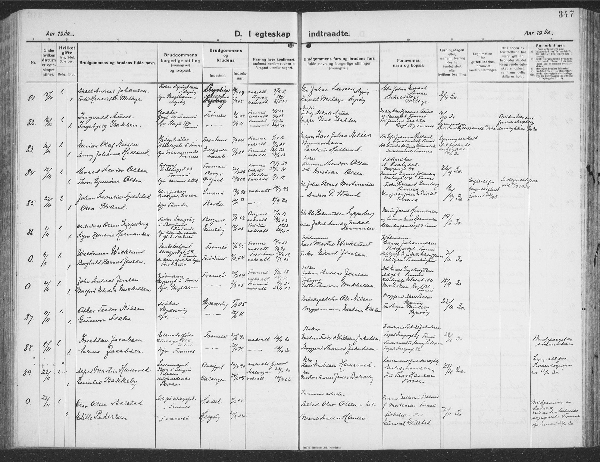 Tromsø sokneprestkontor/stiftsprosti/domprosti, AV/SATØ-S-1343/G/Gb/L0010klokker: Parish register (copy) no. 10, 1925-1937, p. 347