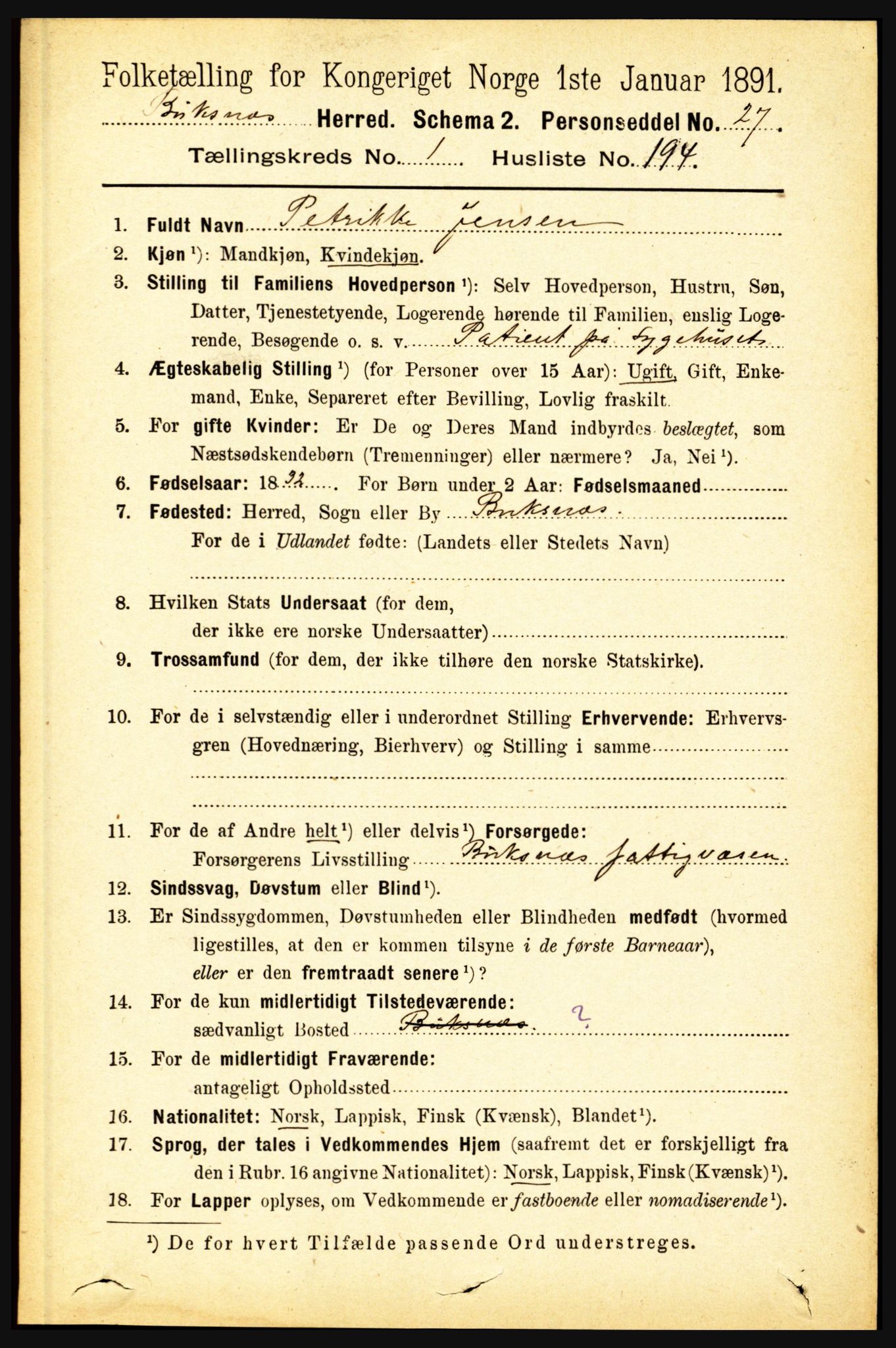 RA, 1891 census for 1860 Buksnes, 1891, p. 1510