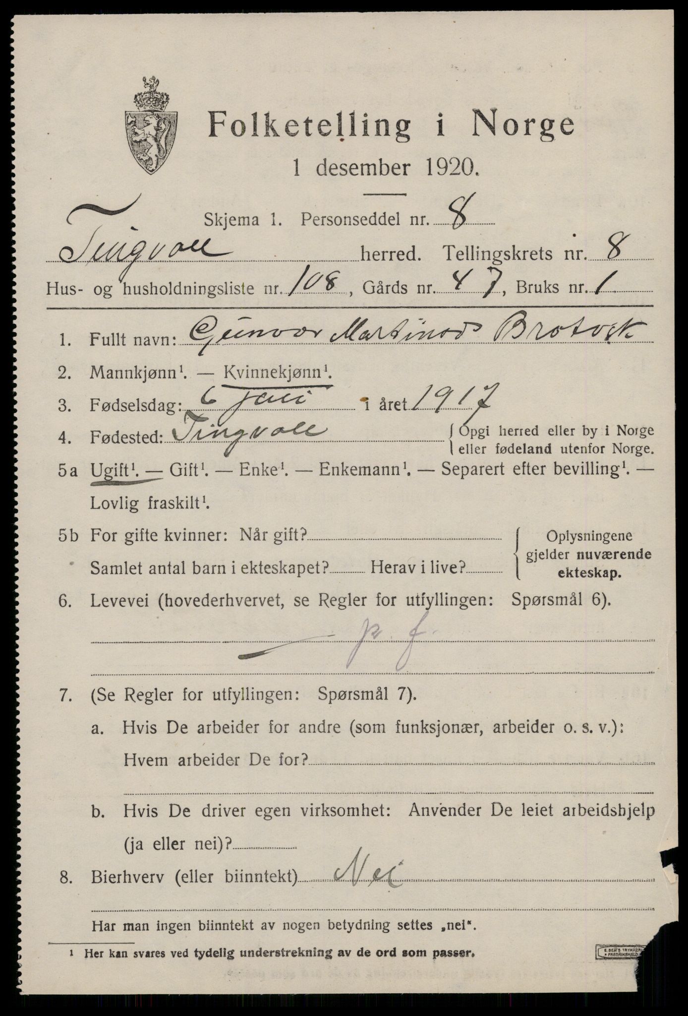 SAT, 1920 census for Tingvoll, 1920, p. 5092