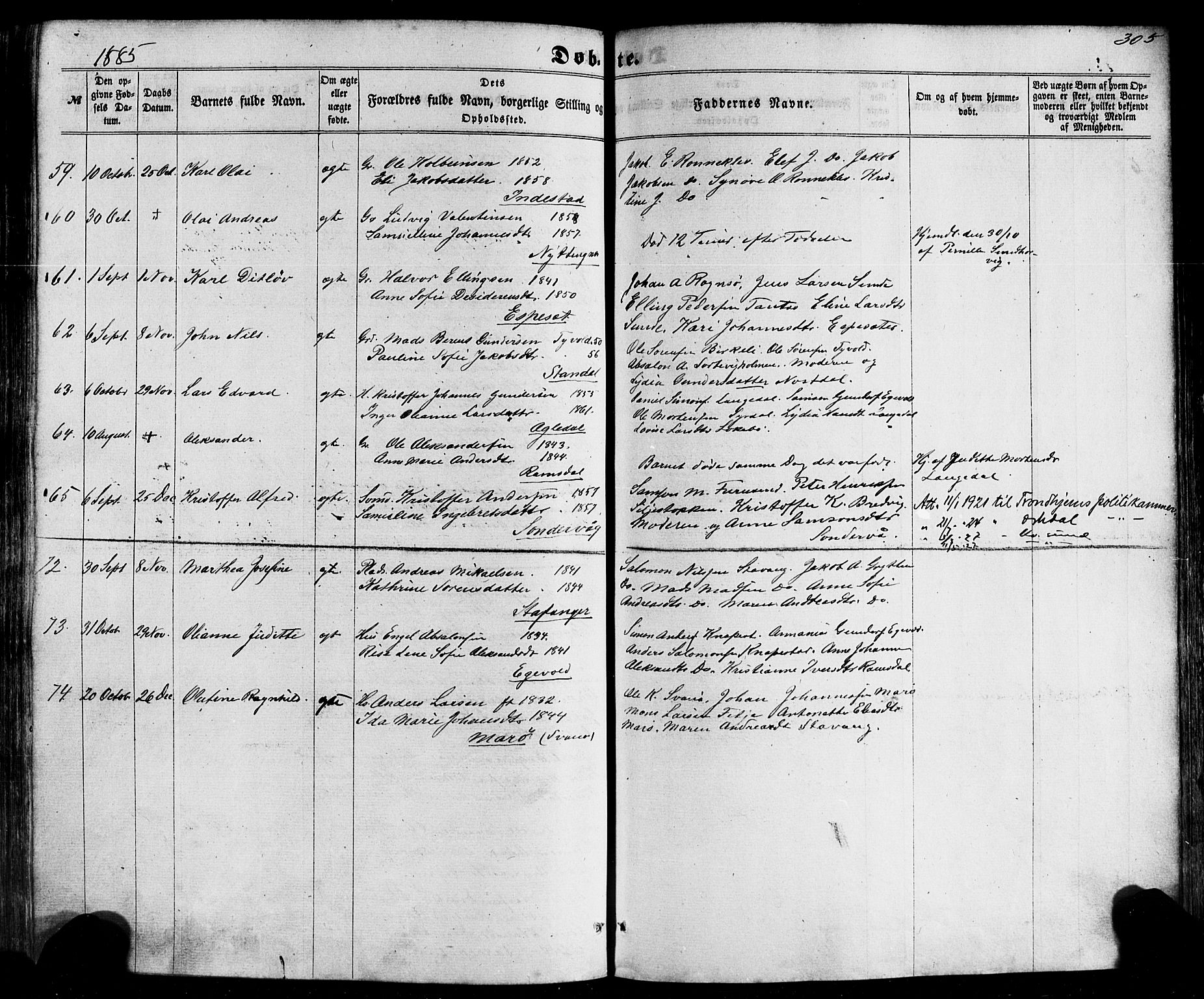 Kinn sokneprestembete, AV/SAB-A-80801/H/Haa/Haaa/L0006: Parish register (official) no. A 6, 1857-1885, p. 305