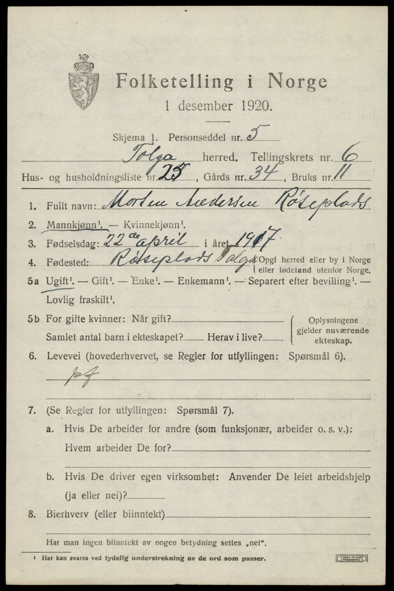 SAH, 1920 census for Tolga, 1920, p. 3909