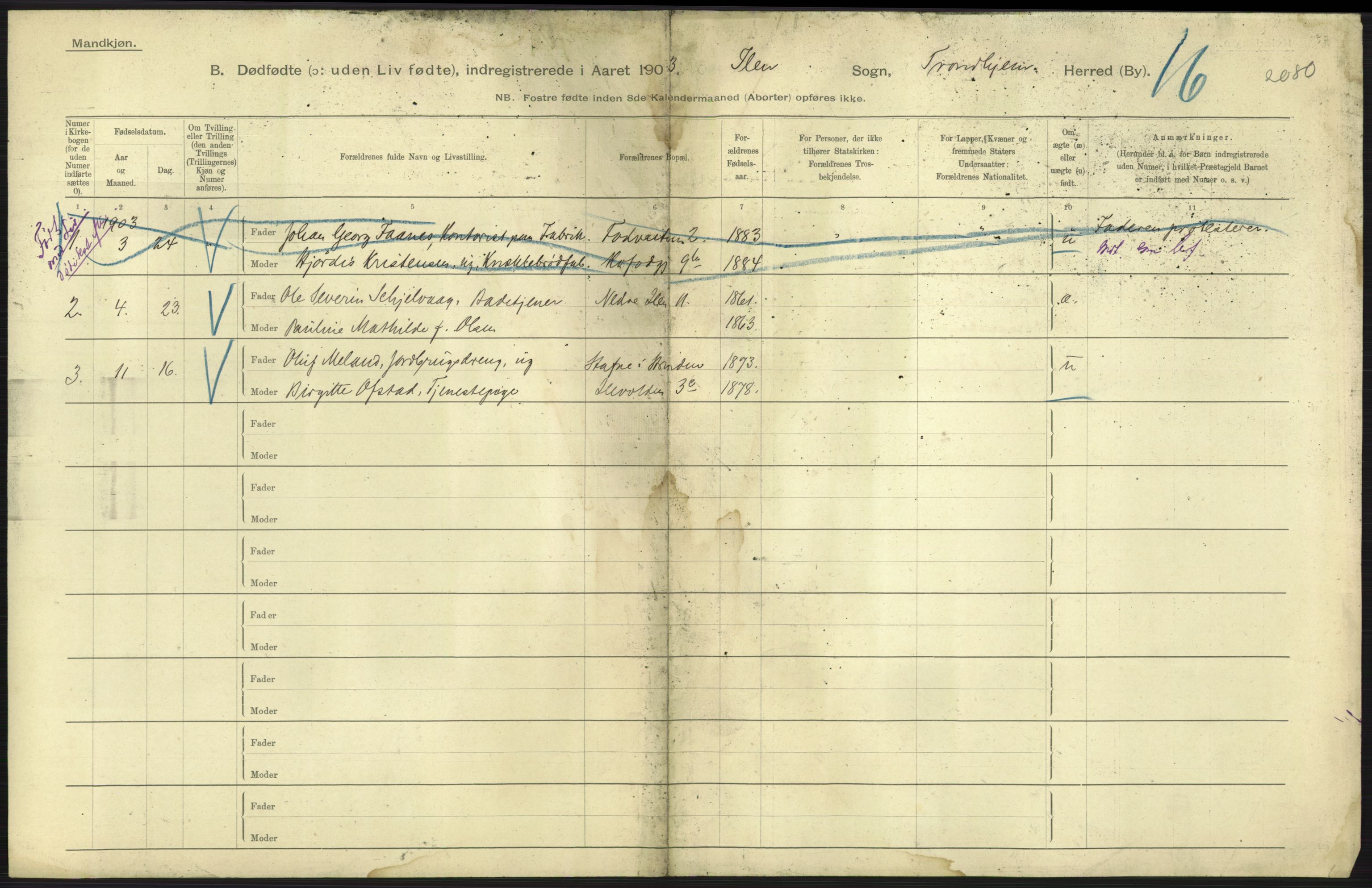 Statistisk sentralbyrå, Sosiodemografiske emner, Befolkning, RA/S-2228/D/Df/Dfa/Dfaa/L0026: Smålenenes - Finnmarkens amt: Dødfødte. Byer., 1903, p. 225