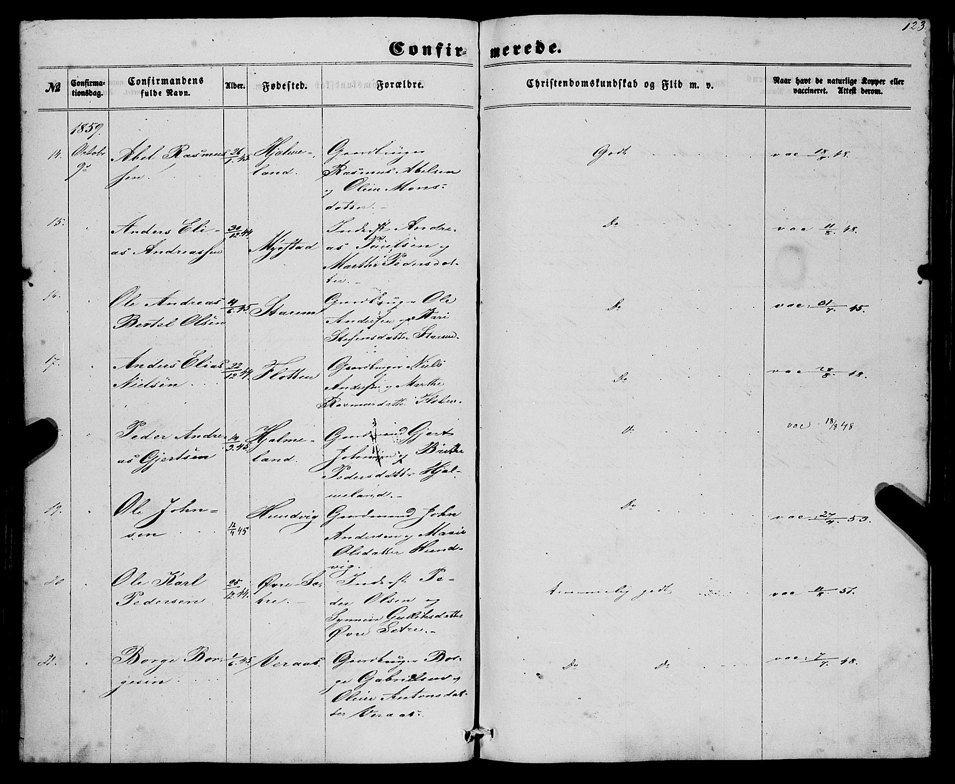 Eid sokneprestembete, AV/SAB-A-82301/H/Haa/Haaa/L0008: Parish register (official) no. A 8, 1858-1860, p. 123