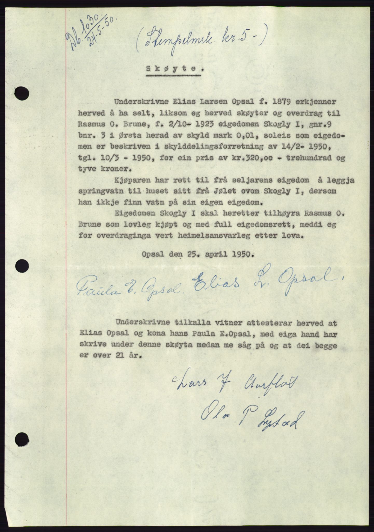 Søre Sunnmøre sorenskriveri, AV/SAT-A-4122/1/2/2C/L0087: Mortgage book no. 13A, 1950-1950, Diary no: : 1030/1950