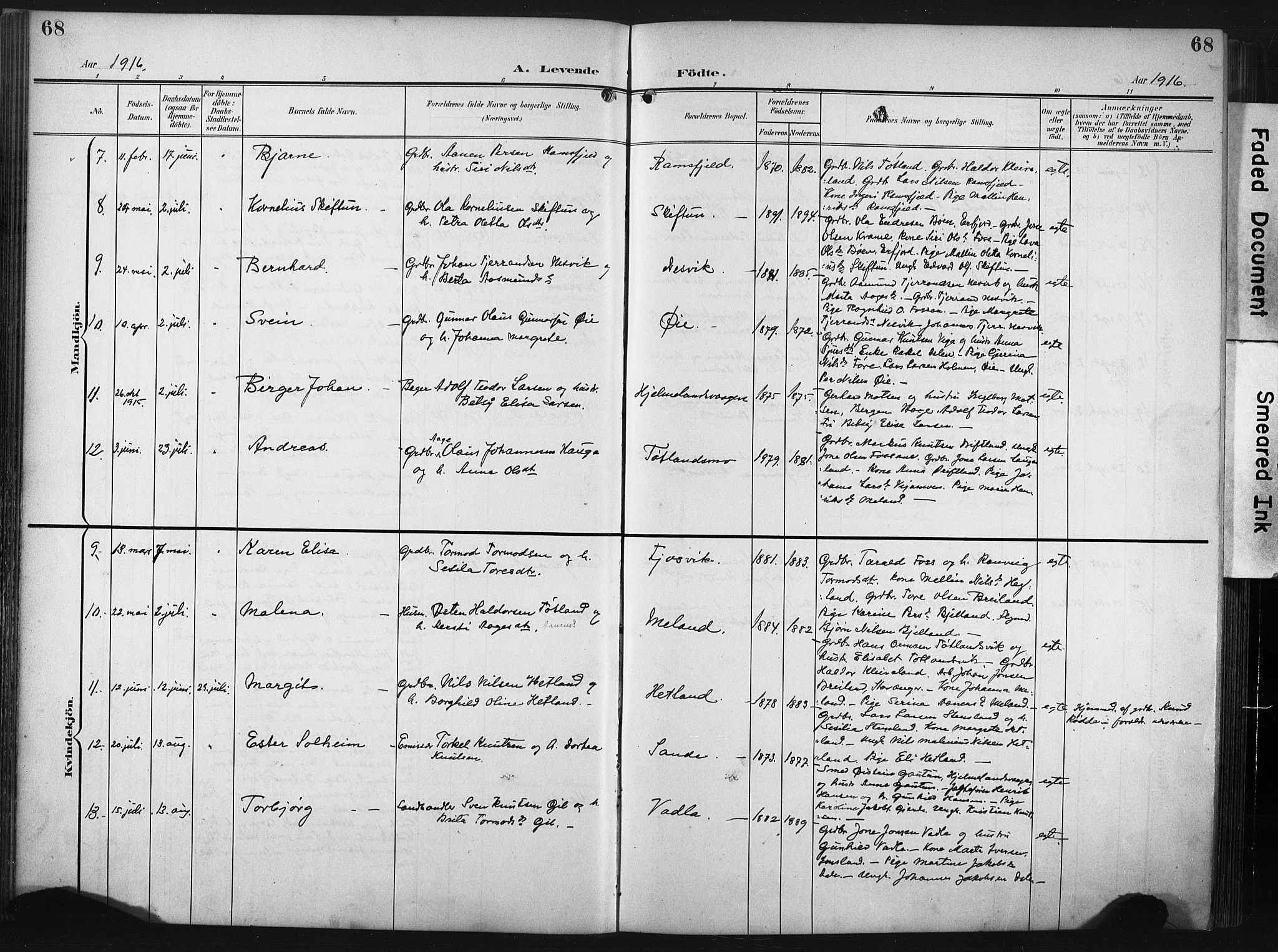 Hjelmeland sokneprestkontor, AV/SAST-A-101843/02/A/L0002: Parish register (official) no. A 17, 1901-1916, p. 68