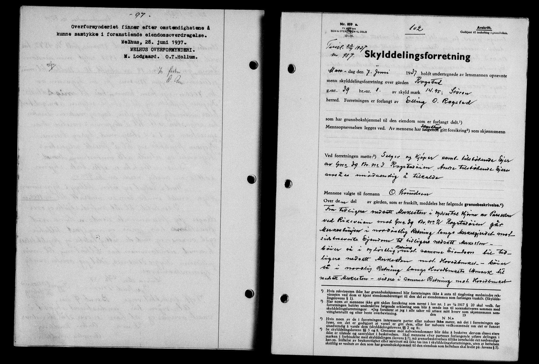 Gauldal sorenskriveri, SAT/A-0014/1/2/2C/L0047: Mortgage book no. 50-51, 1937-1937, Diary no: : 987/1937