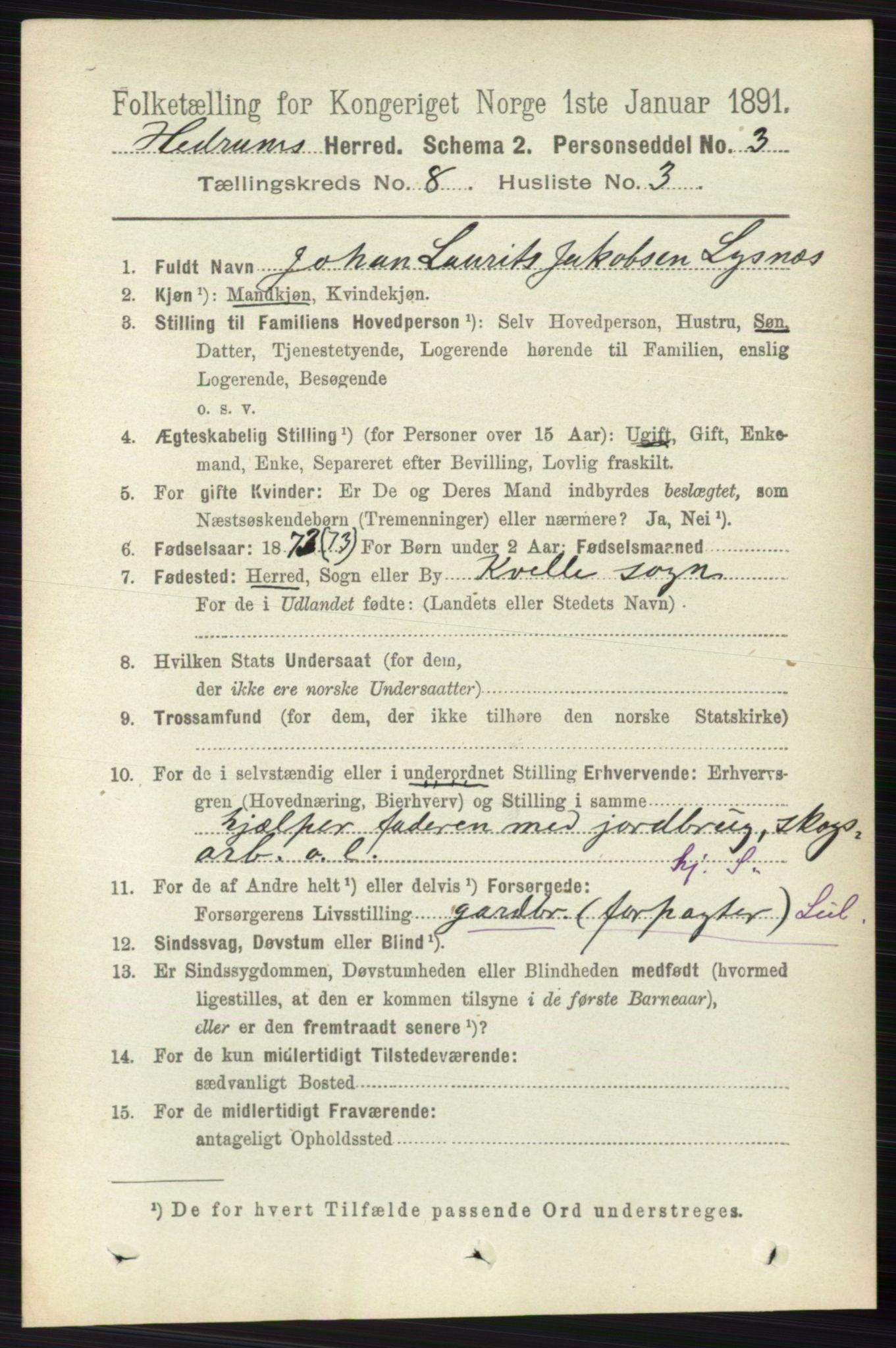 RA, 1891 census for 0727 Hedrum, 1891, p. 3486