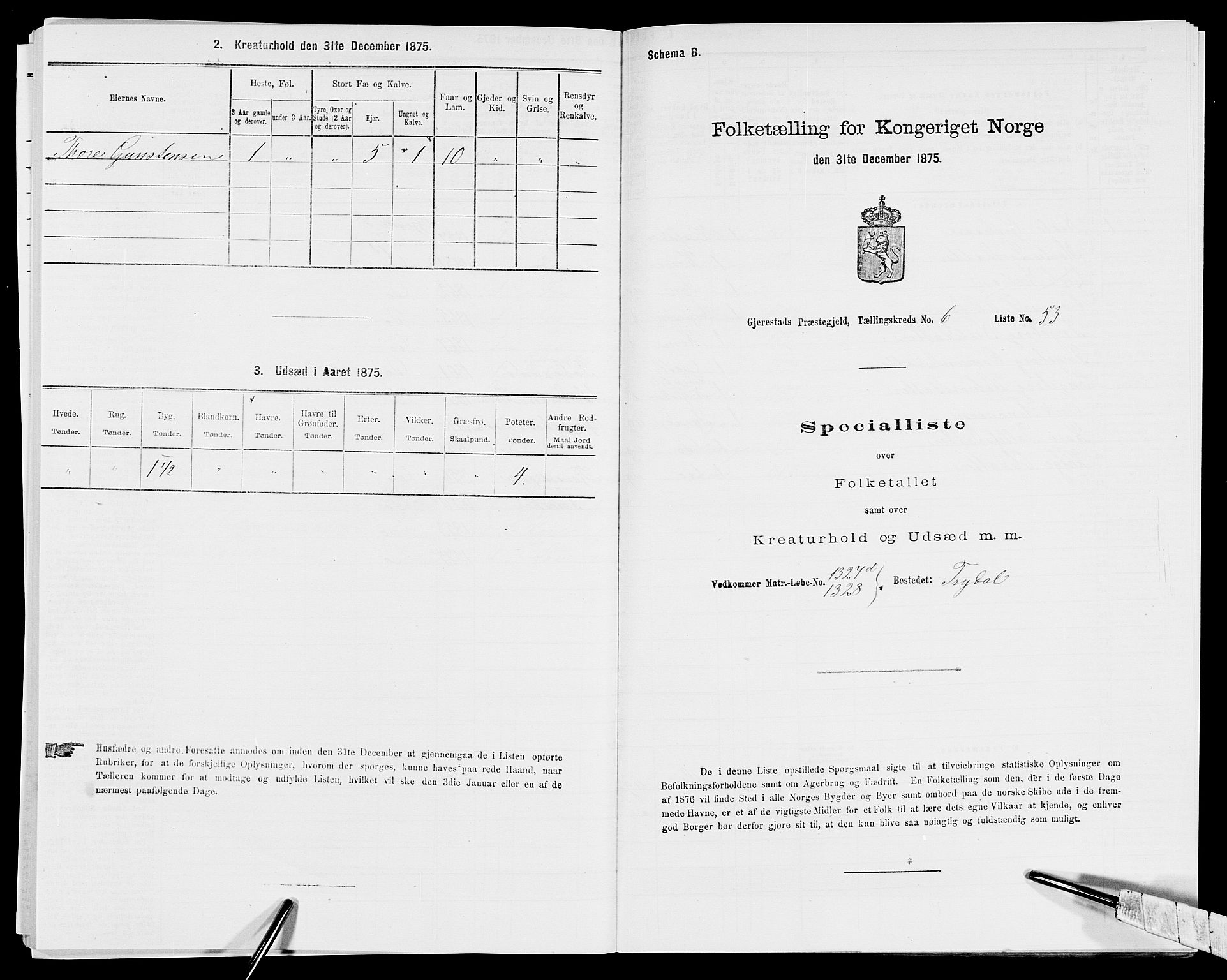 SAK, 1875 census for 0911P Gjerstad, 1875, p. 701