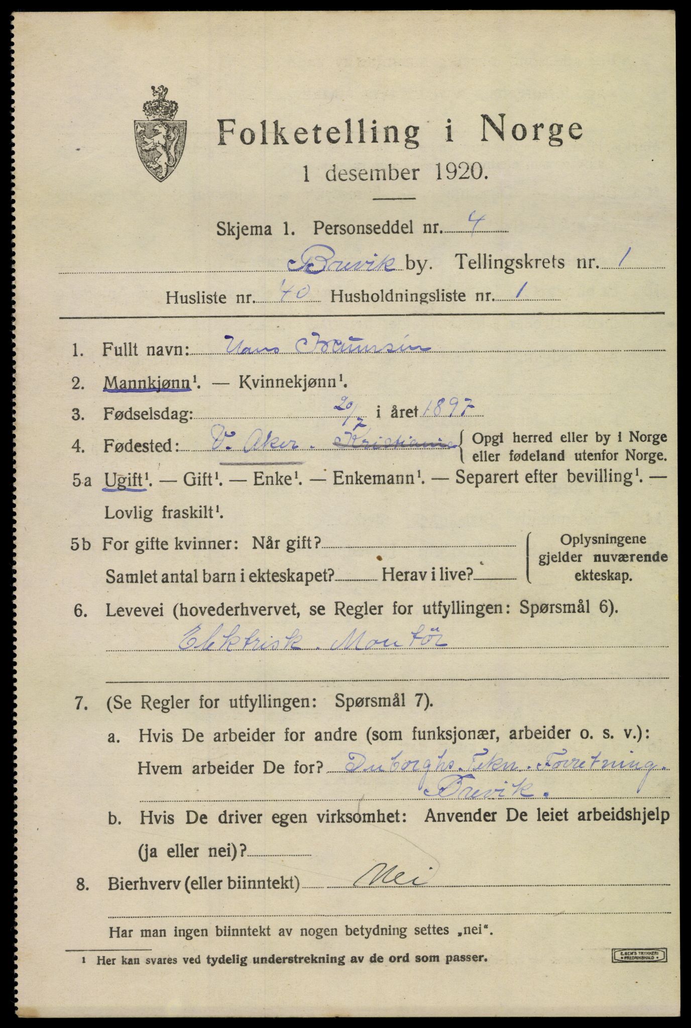 SAKO, 1920 census for Brevik, 1920, p. 2688