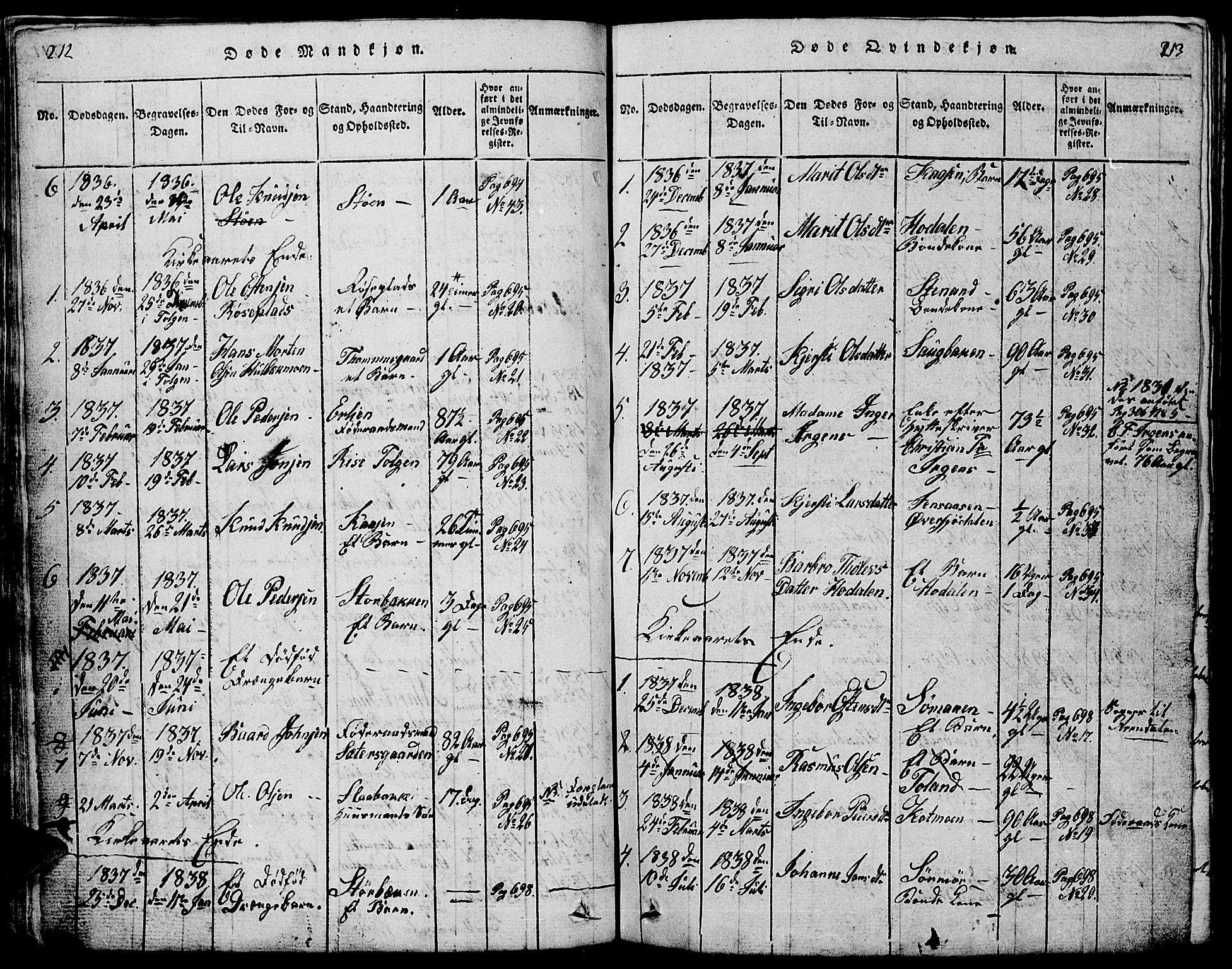 Tolga prestekontor, AV/SAH-PREST-062/L/L0001: Parish register (copy) no. 1, 1814-1877, p. 212-213