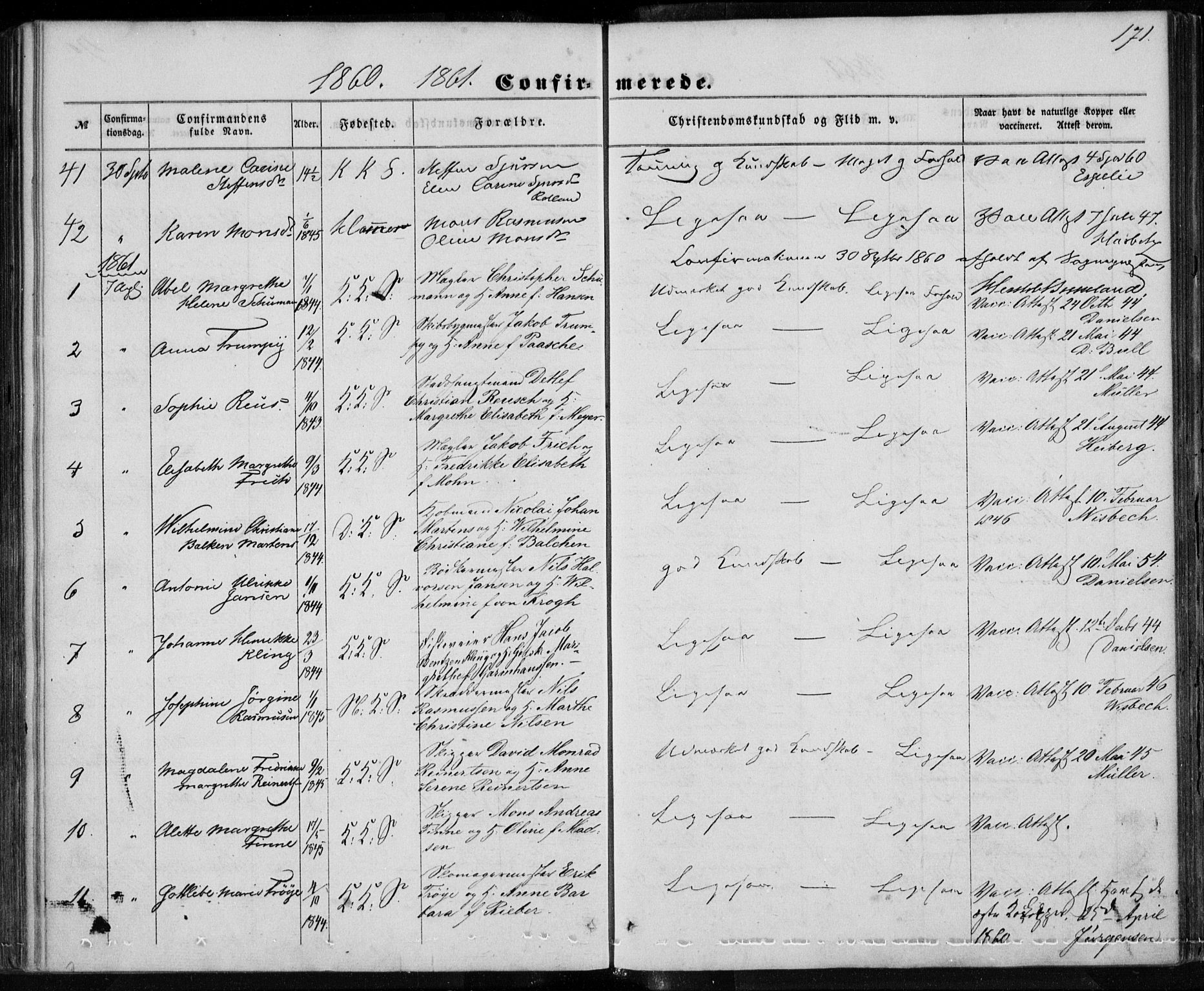 Korskirken sokneprestembete, SAB/A-76101/H/Haa/L0027: Parish register (official) no. C 3, 1854-1868, p. 171