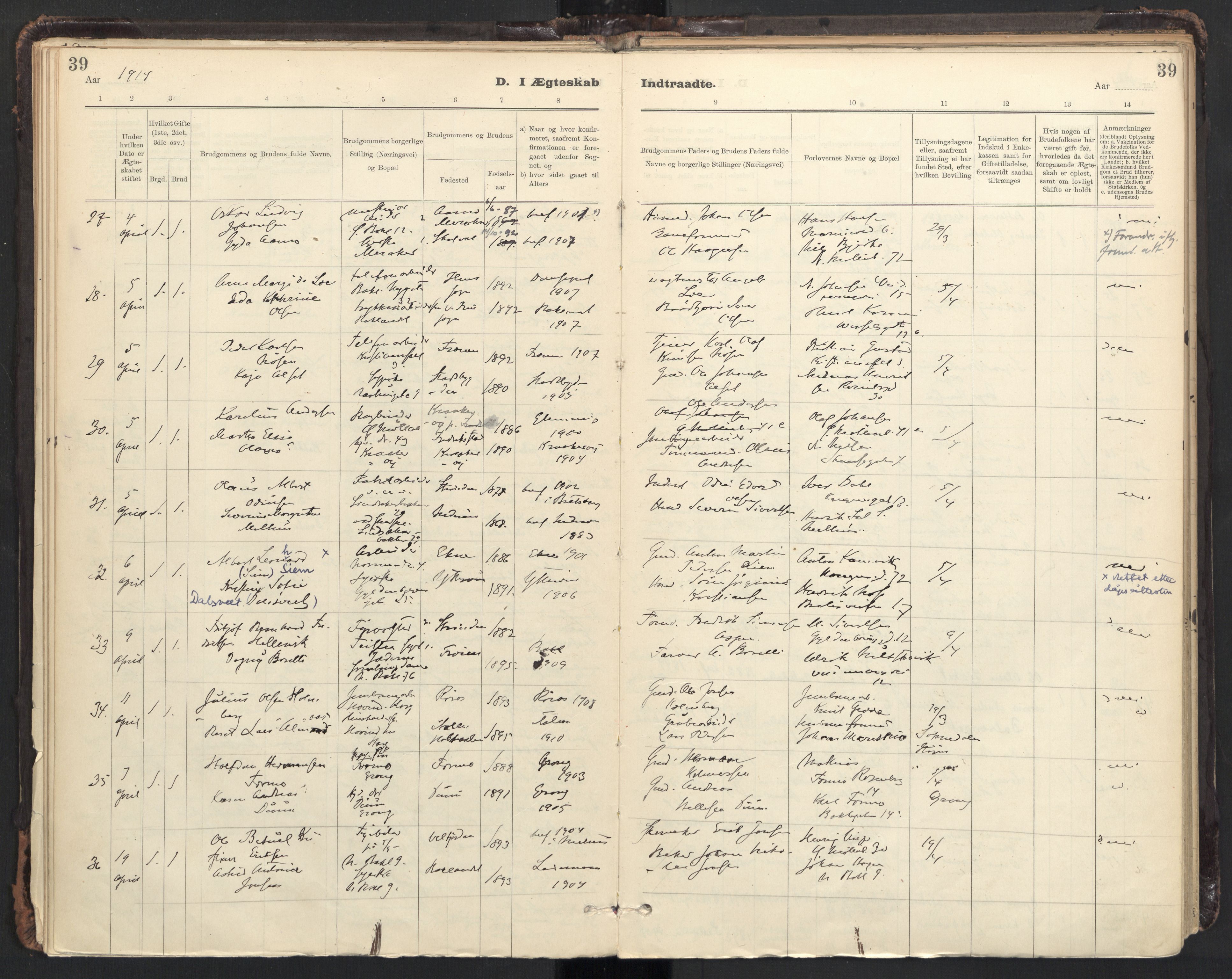 Ministerialprotokoller, klokkerbøker og fødselsregistre - Sør-Trøndelag, AV/SAT-A-1456/604/L0204: Parish register (official) no. 604A24, 1911-1920, p. 39