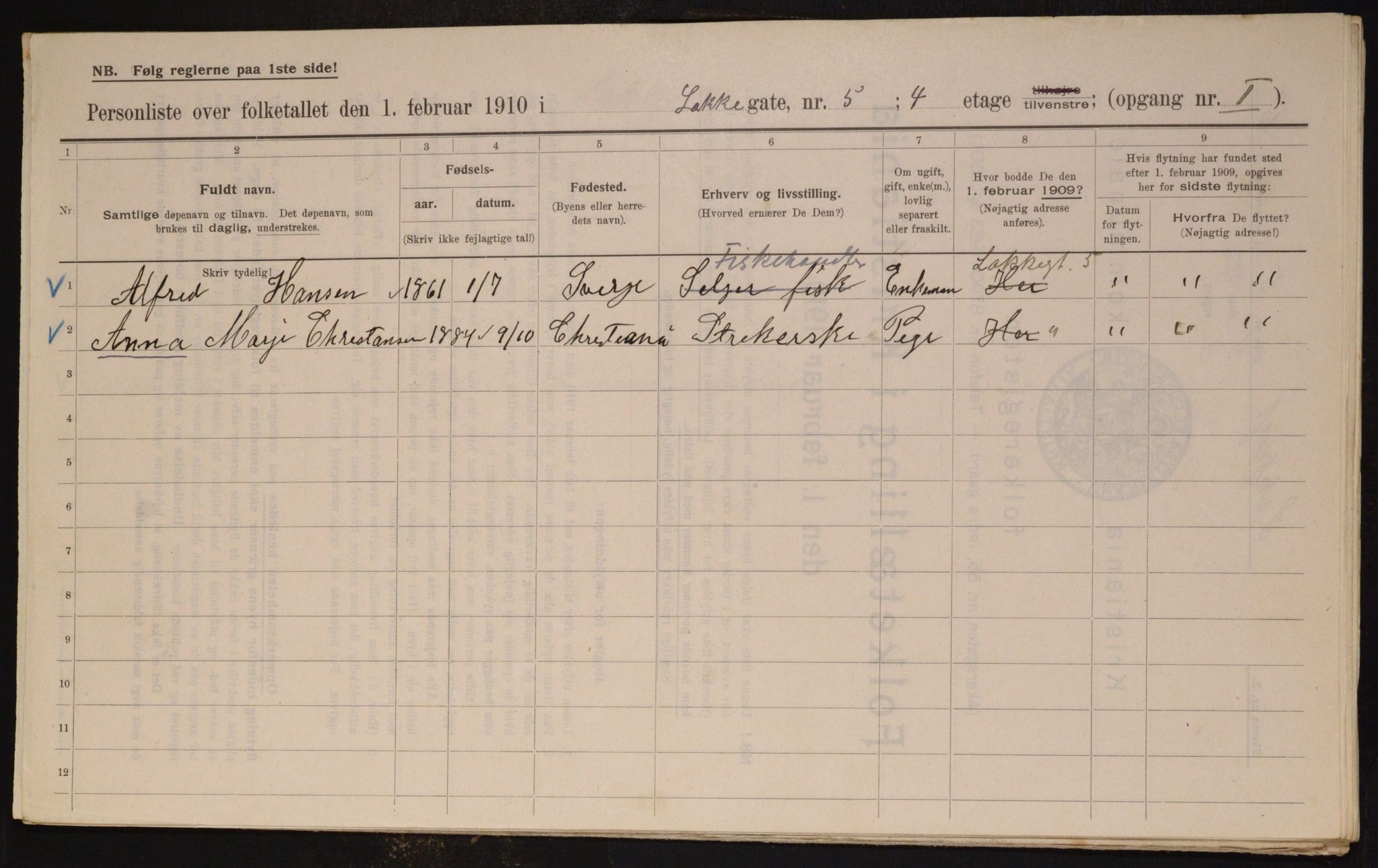 OBA, Municipal Census 1910 for Kristiania, 1910, p. 53376