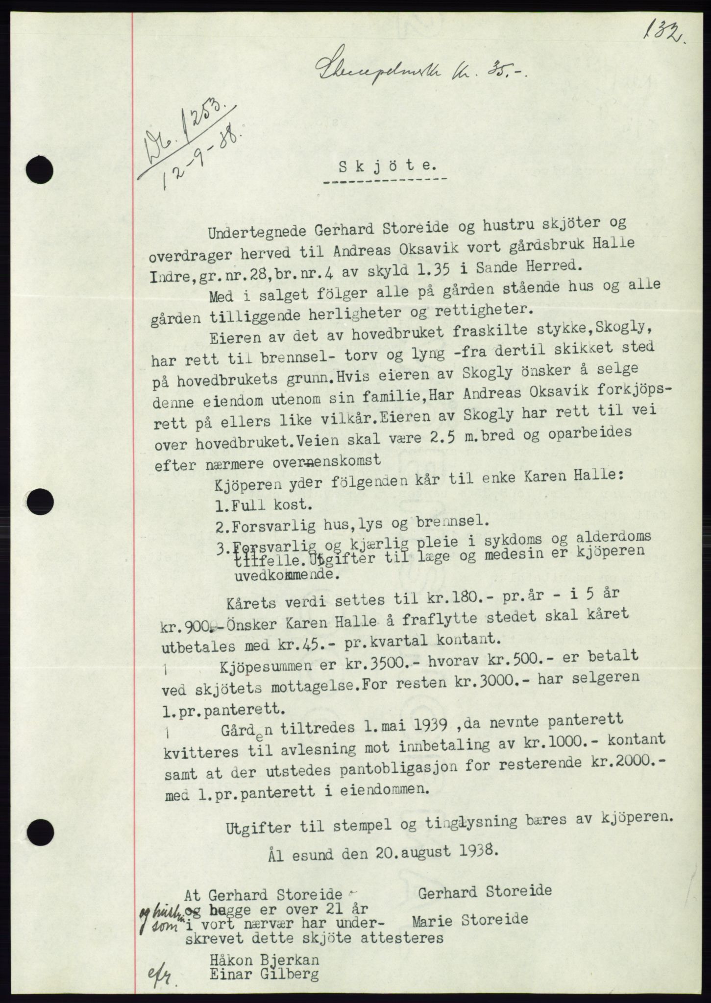 Søre Sunnmøre sorenskriveri, AV/SAT-A-4122/1/2/2C/L0066: Mortgage book no. 60, 1938-1938, Diary no: : 1253/1938