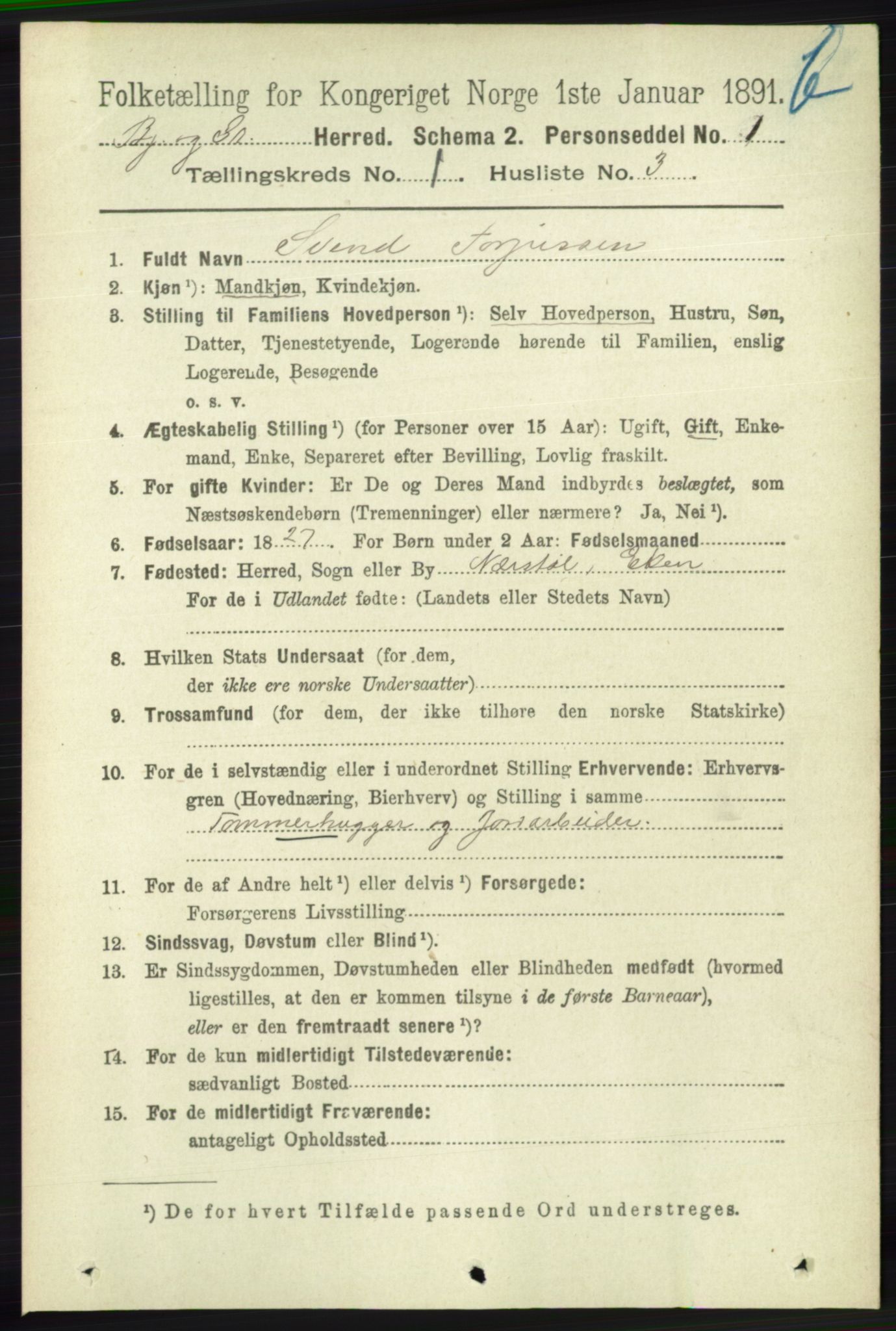 RA, 1891 census for 1024 Bjelland og Grindheim, 1891, p. 783
