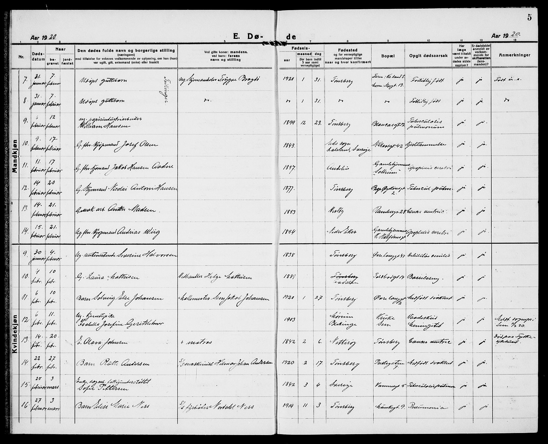 Tønsberg kirkebøker, AV/SAKO-A-330/G/Ga/L0018: Parish register (copy) no. 18, 1920-1935, p. 5