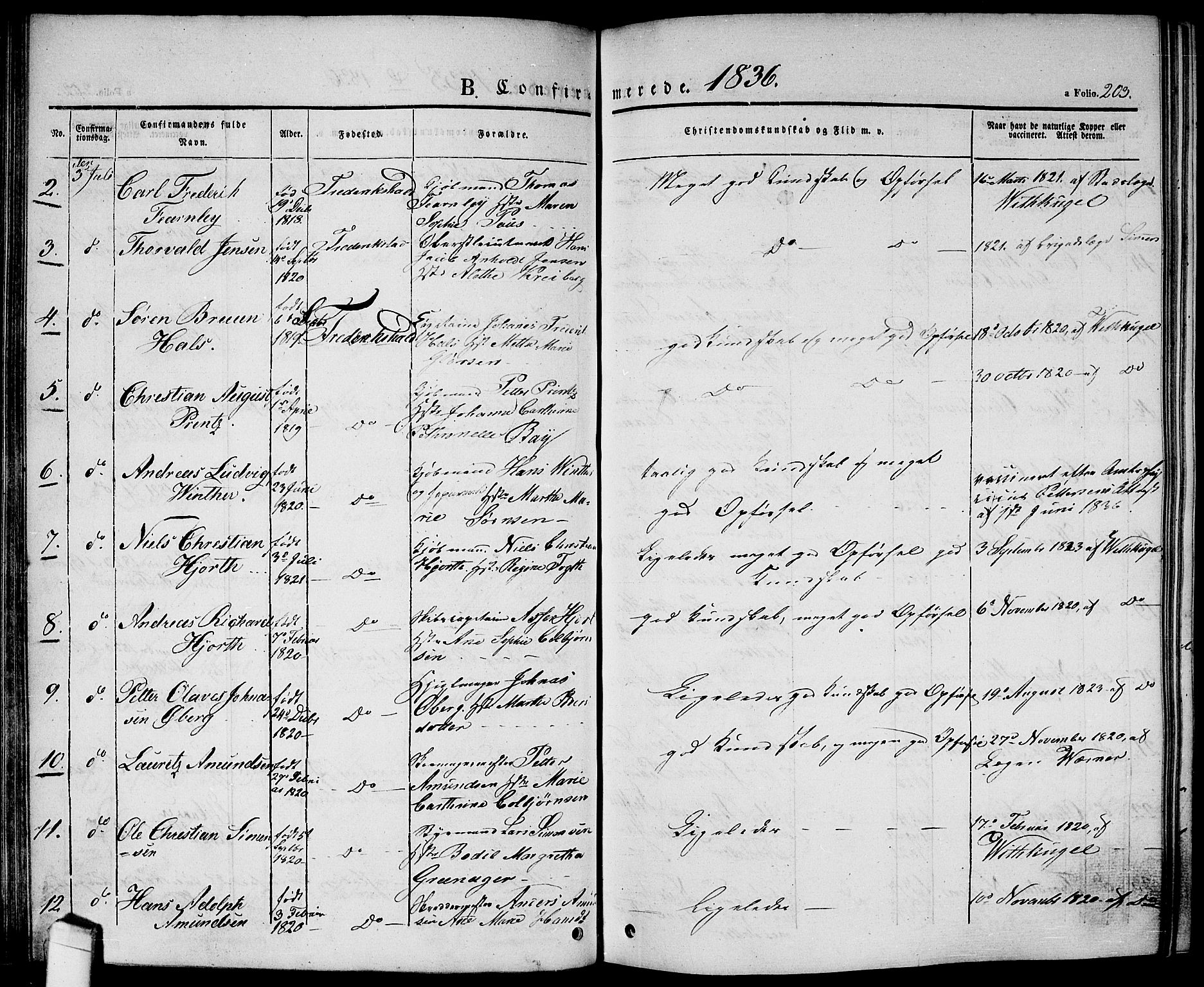 Halden prestekontor Kirkebøker, AV/SAO-A-10909/G/Ga/L0003: Parish register (copy) no. 3, 1834-1844, p. 203