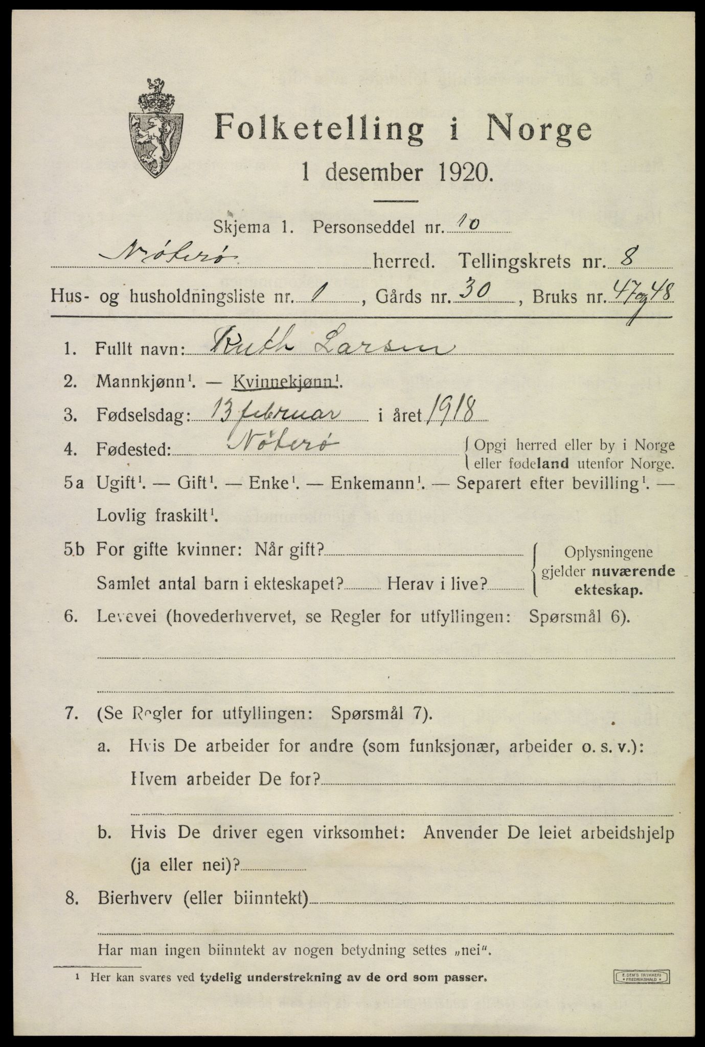 SAKO, 1920 census for Nøtterøy, 1920, p. 10425