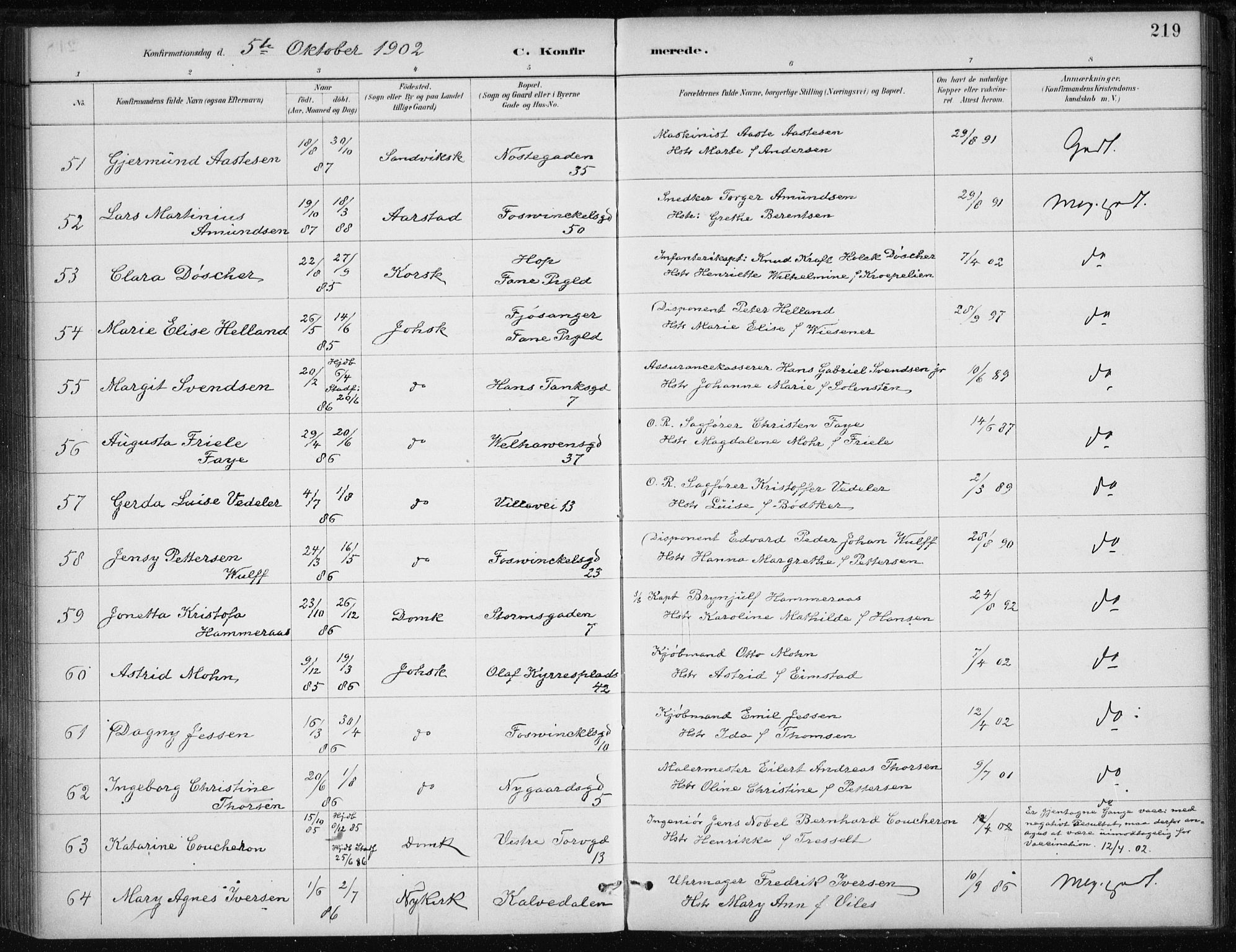 Johanneskirken sokneprestembete, AV/SAB-A-76001/H/Haa/L0008: Parish register (official) no. C 1, 1885-1907, p. 219