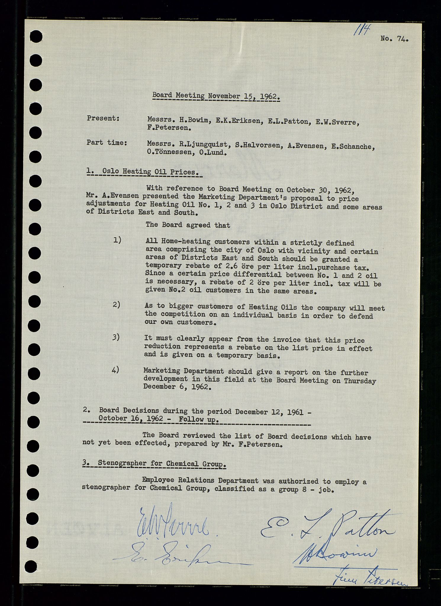 Pa 0982 - Esso Norge A/S, AV/SAST-A-100448/A/Aa/L0001/0003: Den administrerende direksjon Board minutes (styrereferater) / Den administrerende direksjon Board minutes (styrereferater), 1962, p. 114