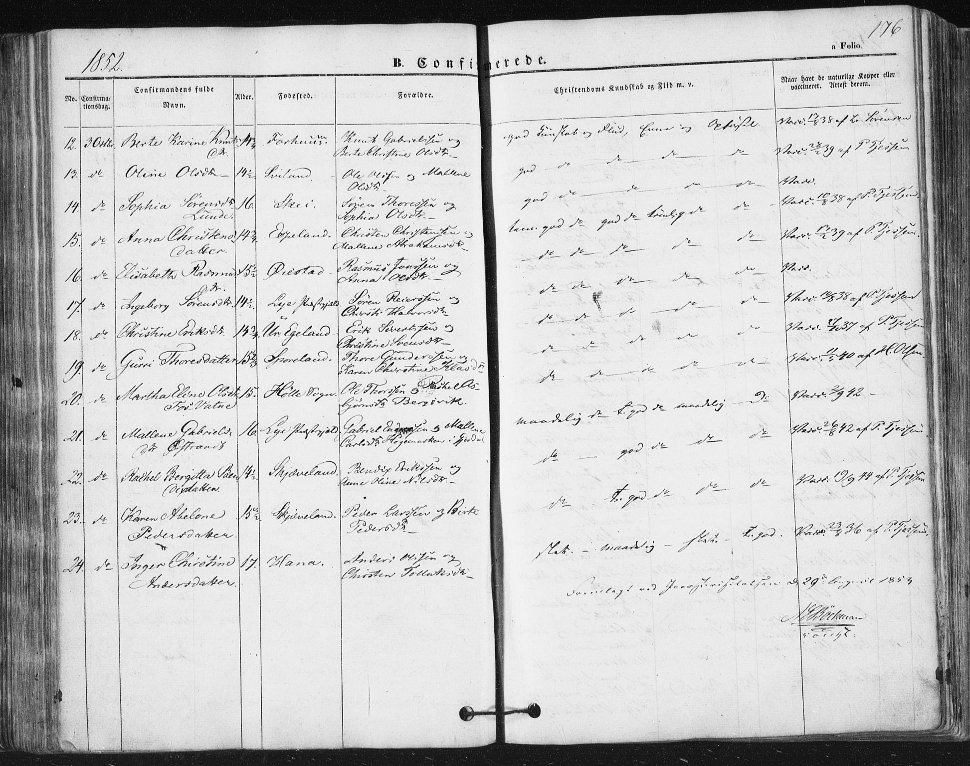Høyland sokneprestkontor, SAST/A-101799/001/30BA/L0008: Parish register (official) no. A 8, 1841-1856, p. 176