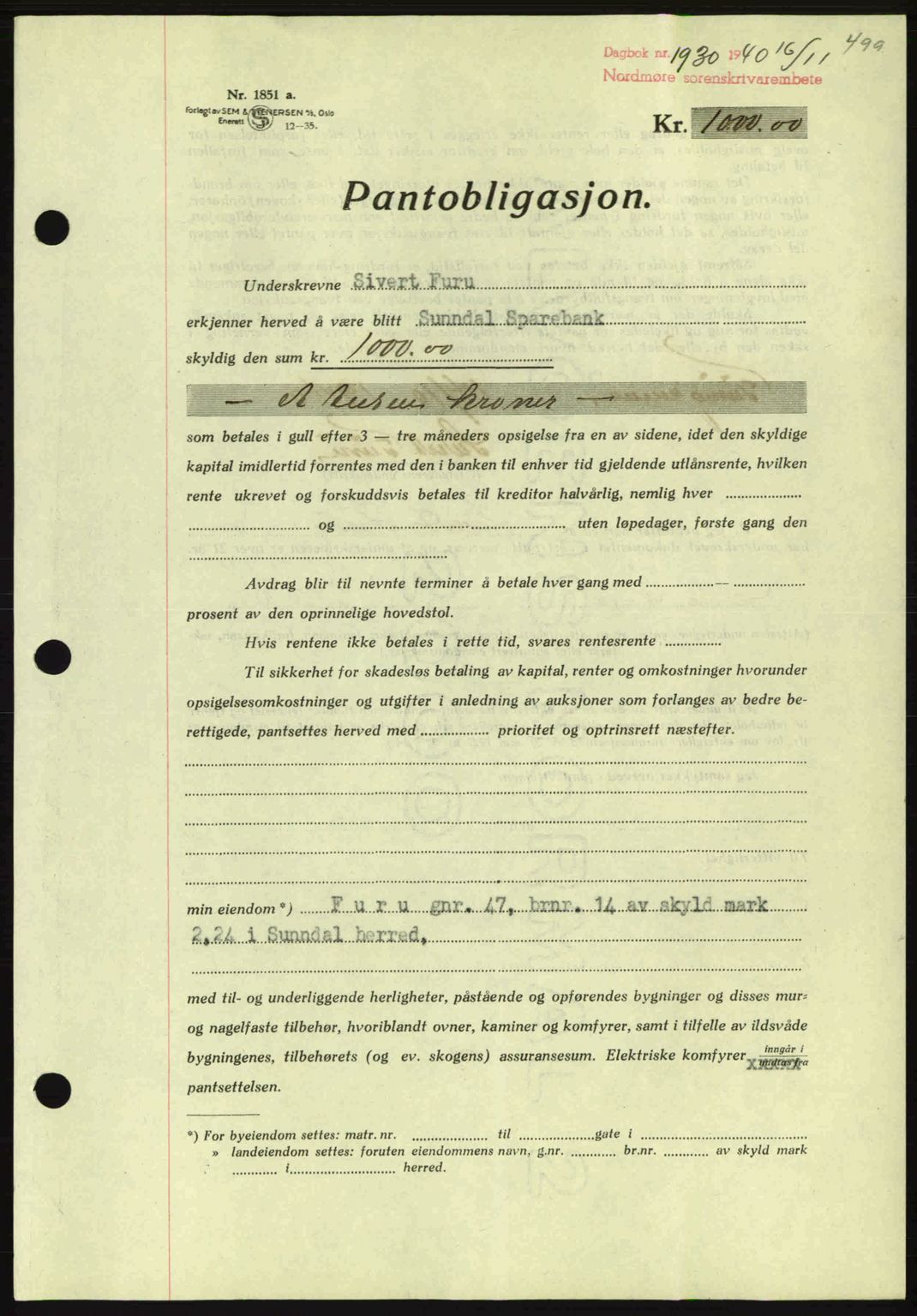 Nordmøre sorenskriveri, AV/SAT-A-4132/1/2/2Ca: Mortgage book no. B87, 1940-1941, Diary no: : 1930/1940