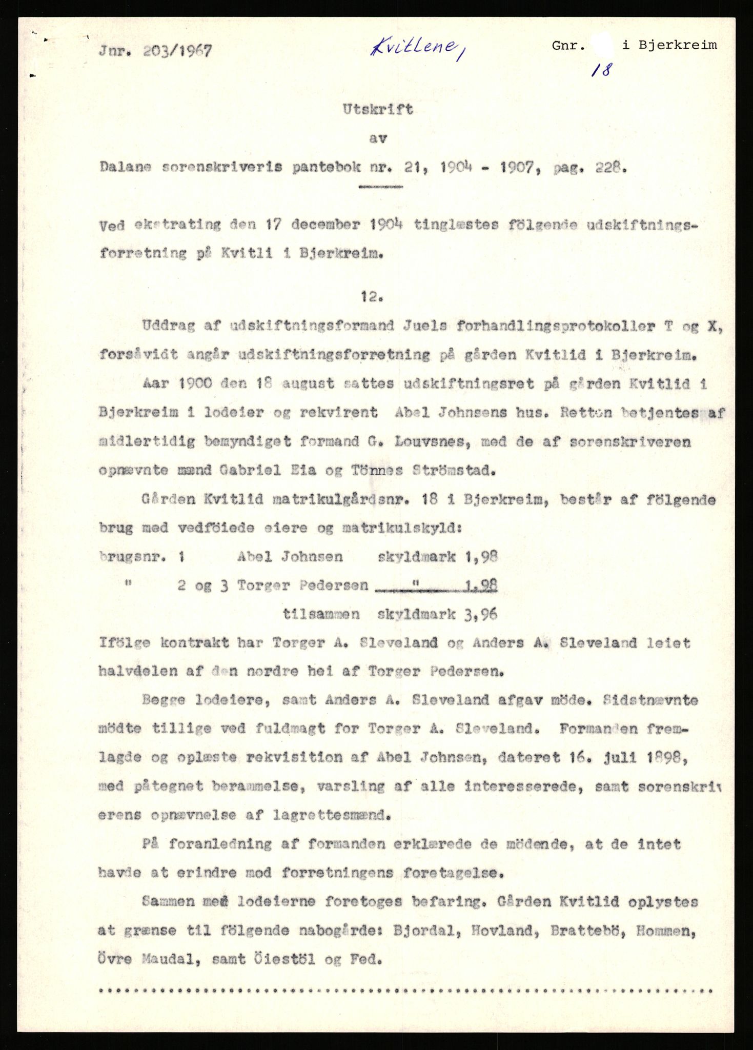 Statsarkivet i Stavanger, SAST/A-101971/03/Y/Yj/L0050: Avskrifter sortert etter gårdsnavn: Kvammen - Kvæstad, 1750-1930, p. 460