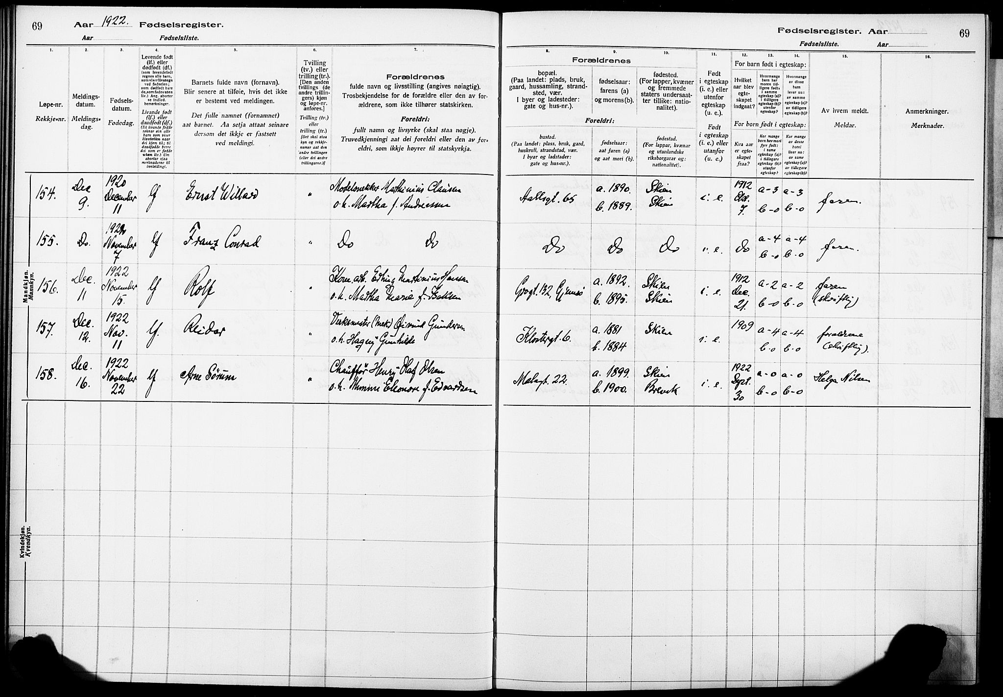 Skien kirkebøker, AV/SAKO-A-302/J/Ja/L0002: Birth register no. 2, 1921-1927, p. 69