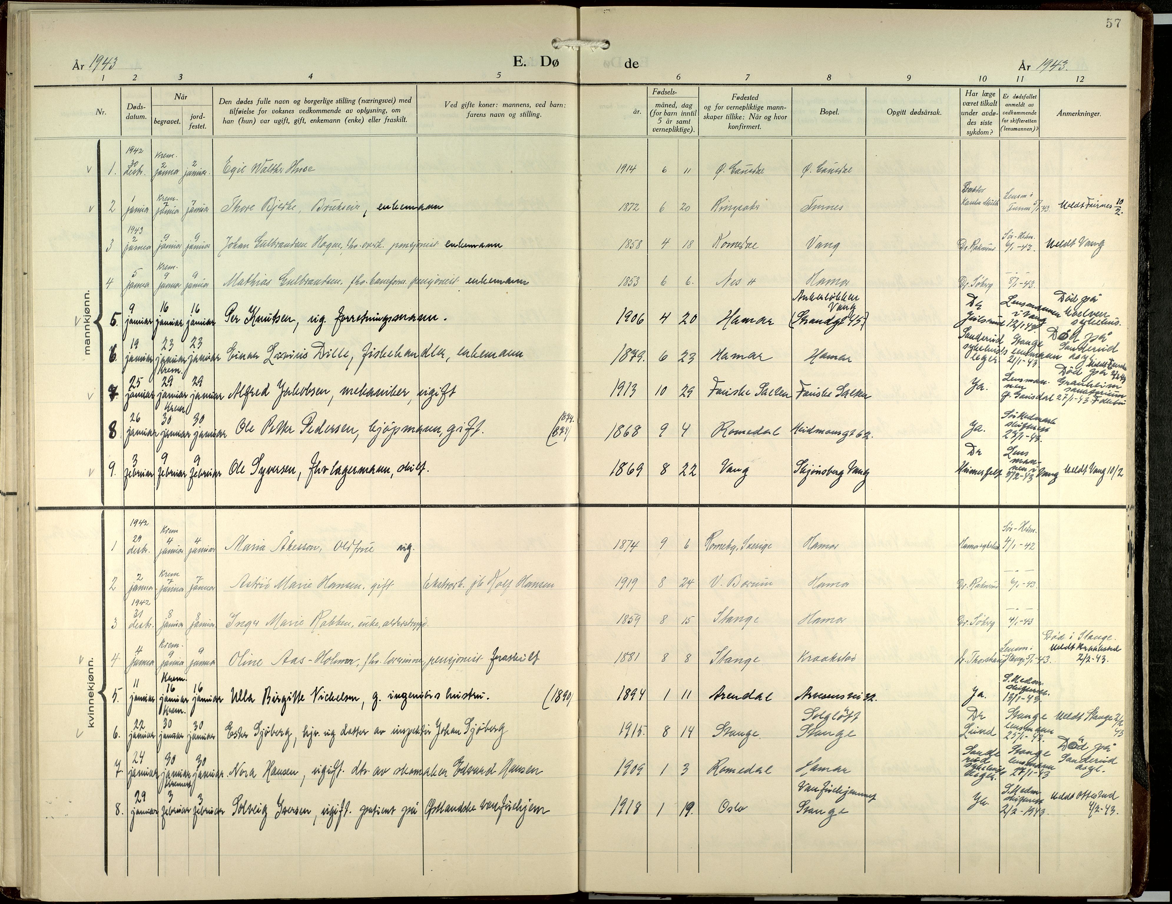 Hamar prestekontor, SAH/DOMPH-002/H/Ha/Haa/L0007: Parish register (official) no. 7, 1933-1953, p. 57
