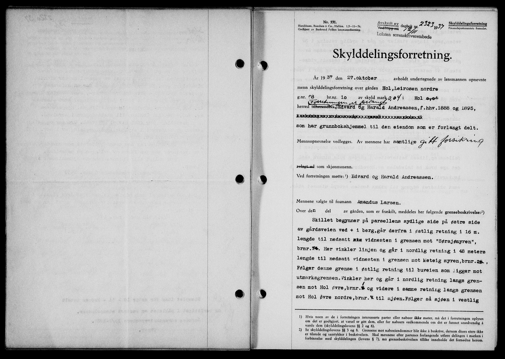 Lofoten sorenskriveri, SAT/A-0017/1/2/2C/L0003a: Mortgage book no. 3a, 1937-1938, Diary no: : 2323/1937