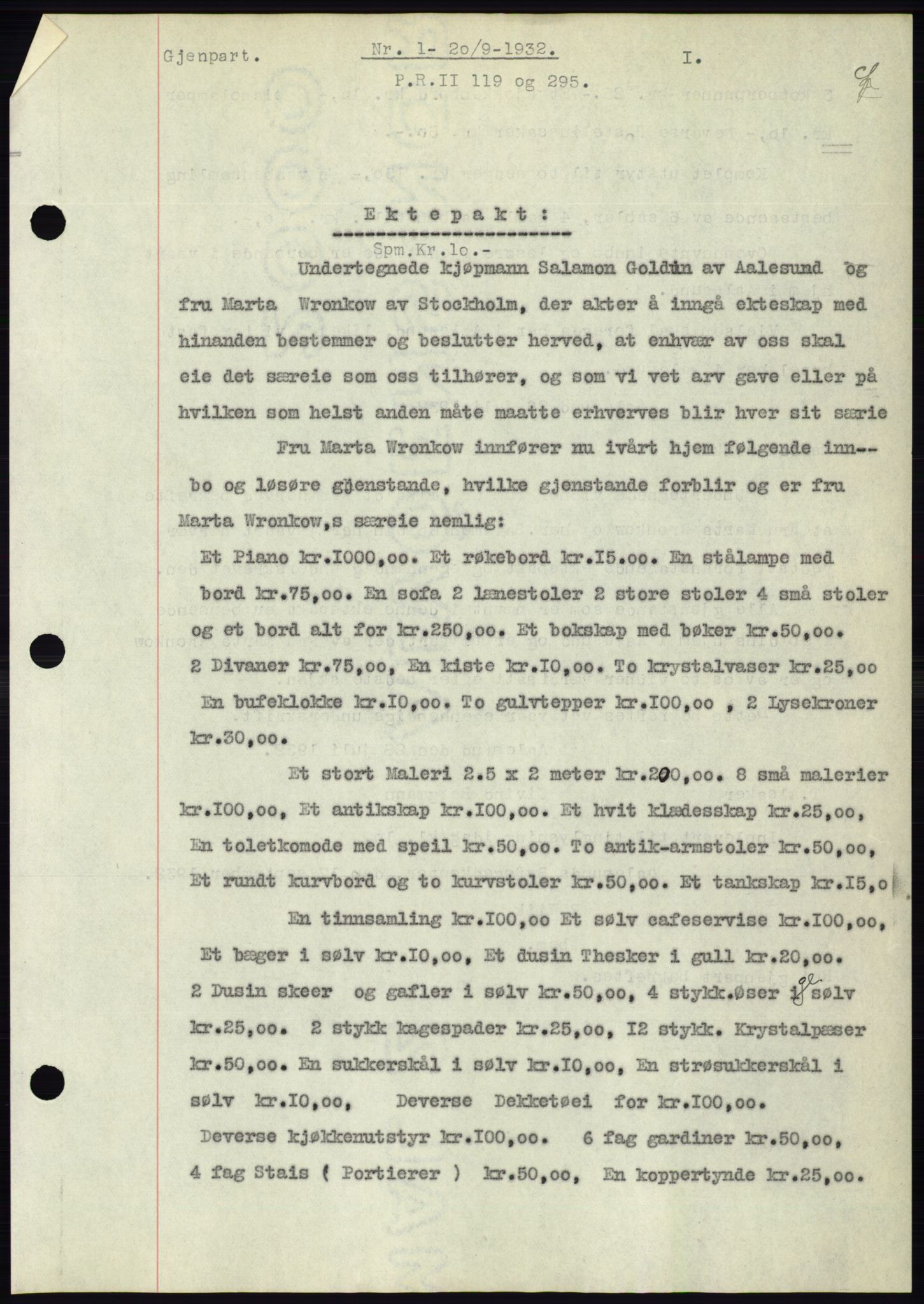 Ålesund byfogd, AV/SAT-A-4384: Mortgage book no. 30, 1932-1933, Deed date: 20.09.1932