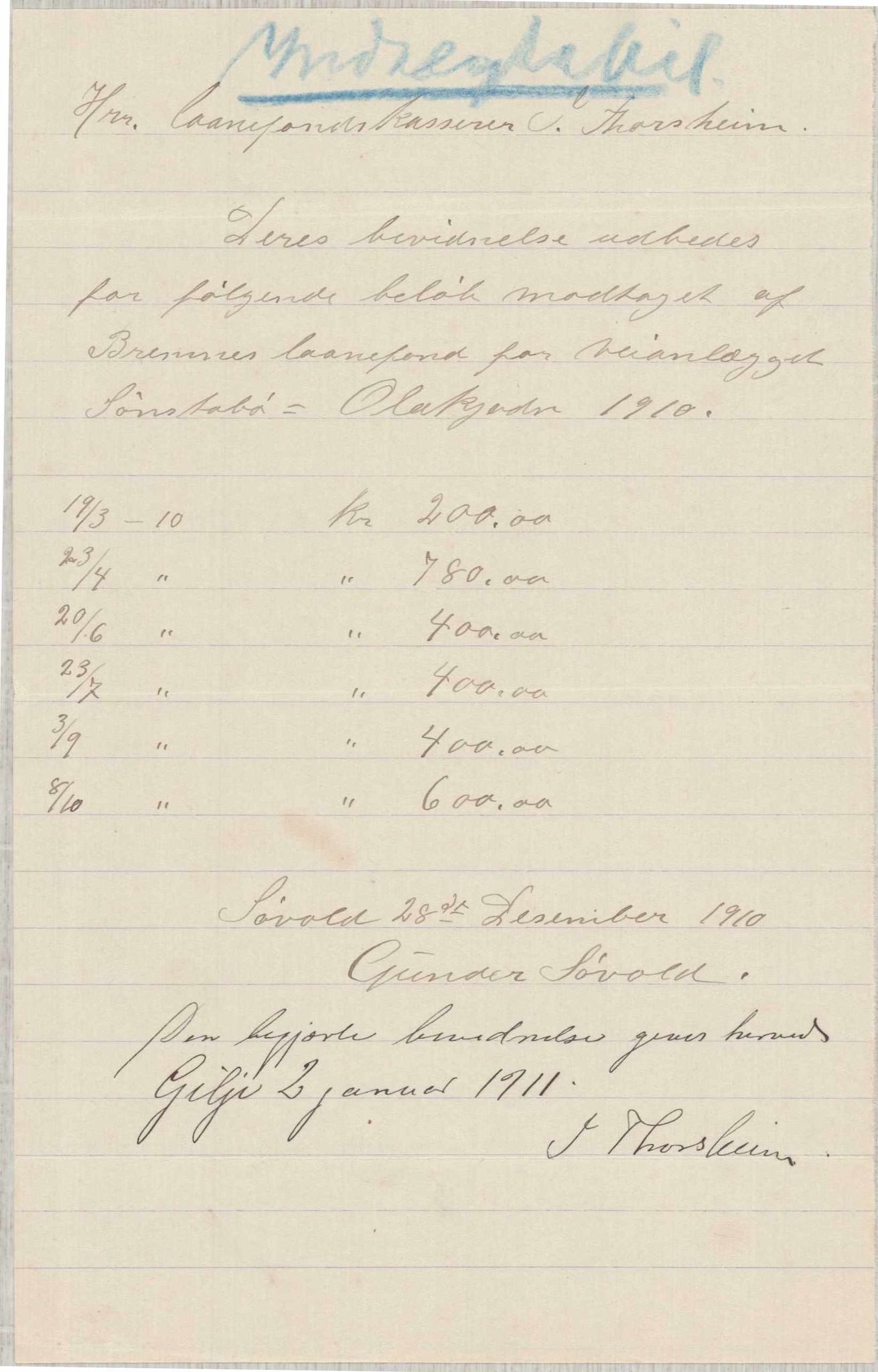 Finnaas kommune. Formannskapet, IKAH/1218a-021/E/Ea/L0001/0006: Rekneskap for veganlegg / Rekneskap for veganlegget Sønstabø - Olakjødn, 1909-1914, p. 22