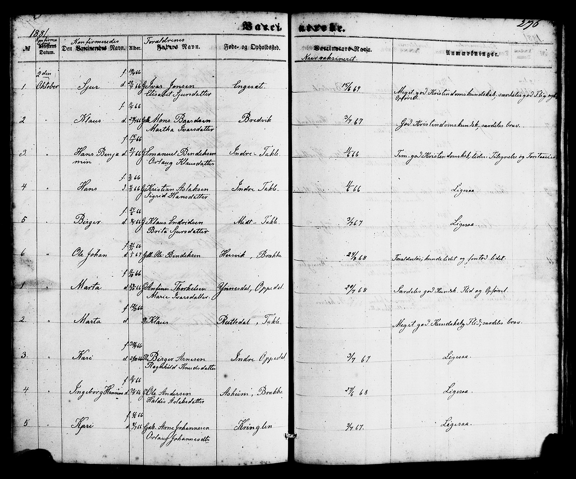 Gulen sokneprestembete, AV/SAB-A-80201/H/Haa/Haac/L0001: Parish register (official) no. C 1, 1859-1881, p. 276