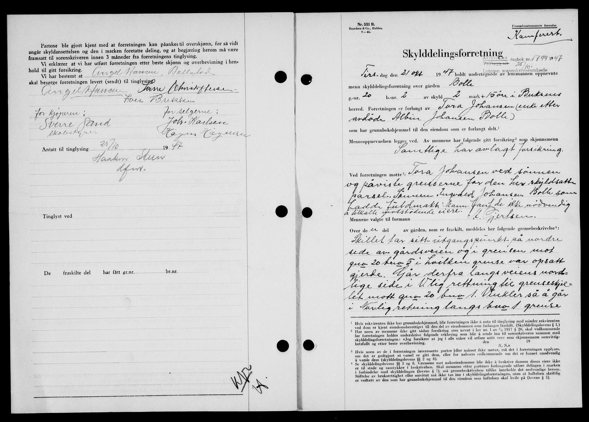 Lofoten sorenskriveri, SAT/A-0017/1/2/2C/L0017a: Mortgage book no. 17a, 1947-1948, Diary no: : 1799/1947