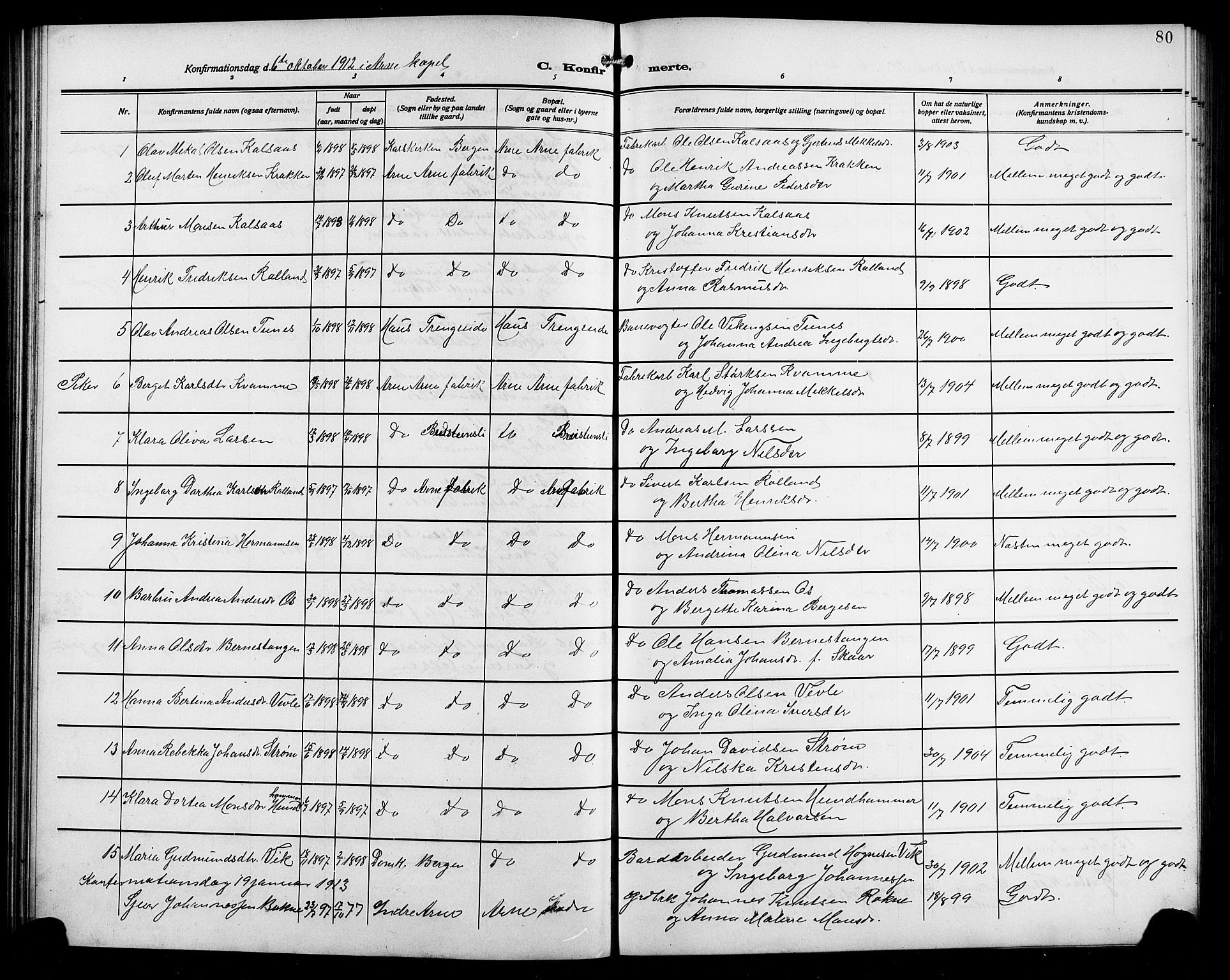 Arna sokneprestembete, AV/SAB-A-74001/H/Ha/Hab: Parish register (copy) no. A 5, 1911-1921, p. 80