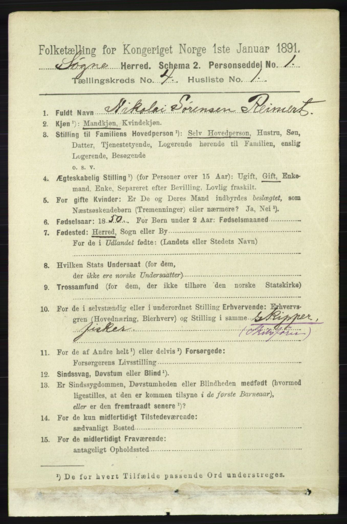 RA, 1891 census for 1018 Søgne, 1891, p. 630