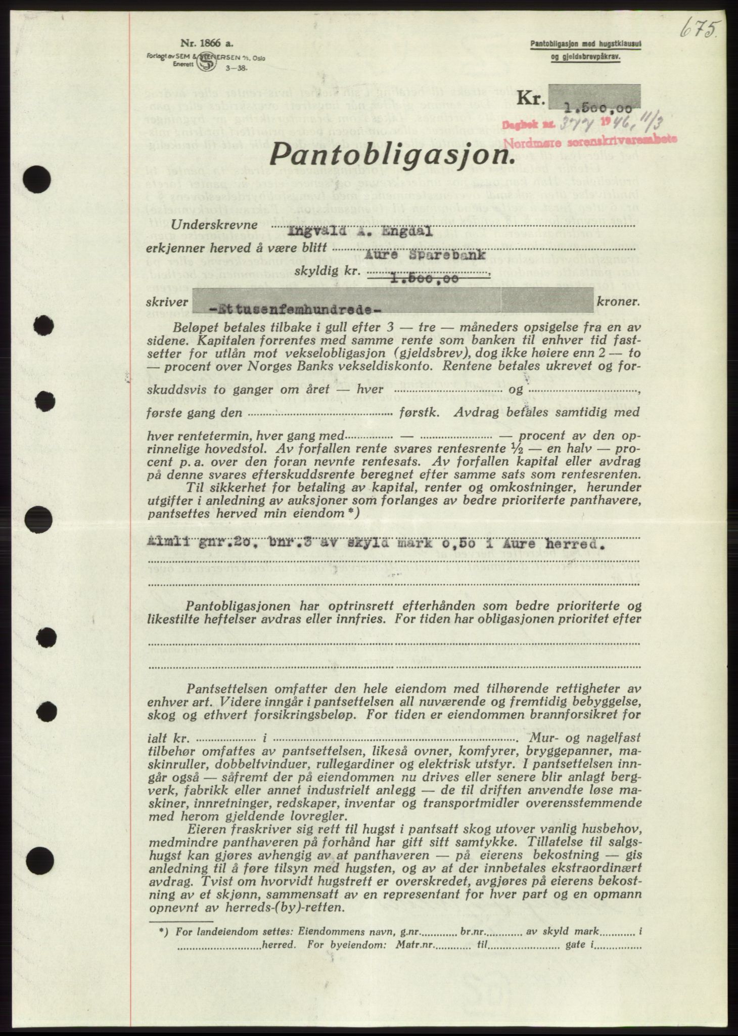 Nordmøre sorenskriveri, AV/SAT-A-4132/1/2/2Ca: Mortgage book no. B93b, 1946-1946, Diary no: : 377/1946