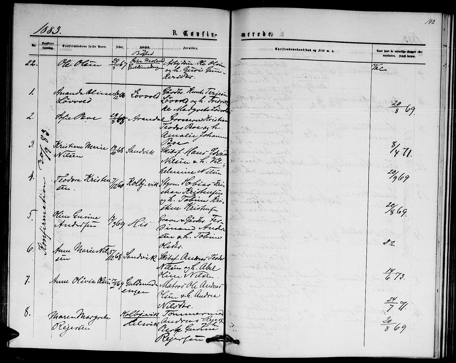 Hisøy sokneprestkontor, SAK/1111-0020/F/Fb/L0002: Parish register (copy) no. B 2, 1873-1885, p. 142