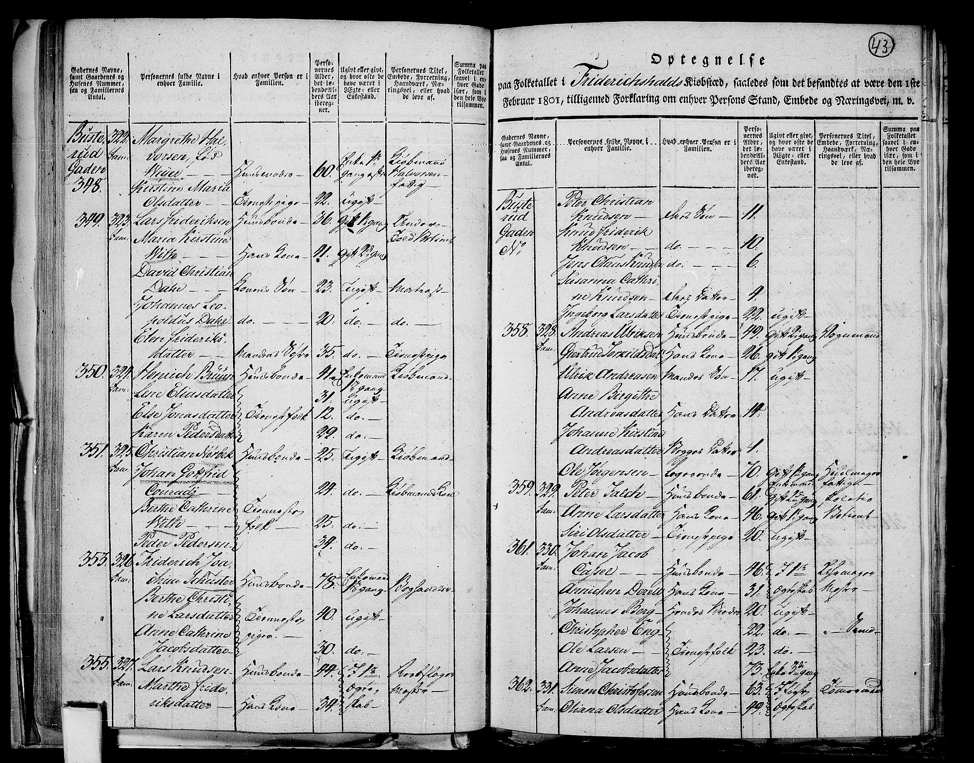 RA, 1801 census for 0101P Fredrikshald, 1801, p. 42b-43a