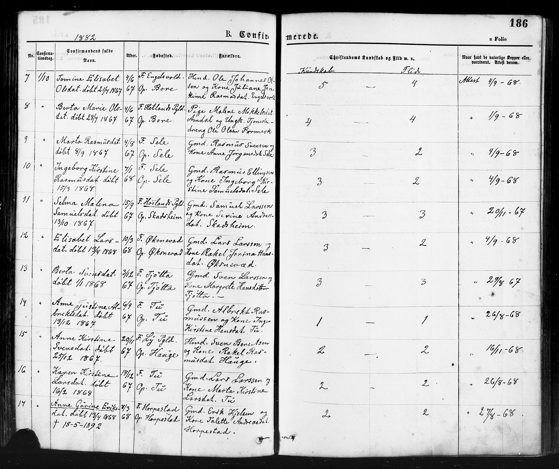 Klepp sokneprestkontor, AV/SAST-A-101803/001/3/30BA/L0006: Parish register (official) no. A 6, 1871-1885, p. 186