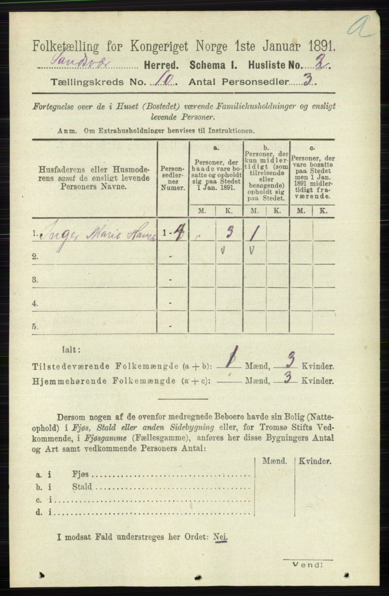 RA, 1891 census for 0629 Sandsvær, 1891, p. 4836