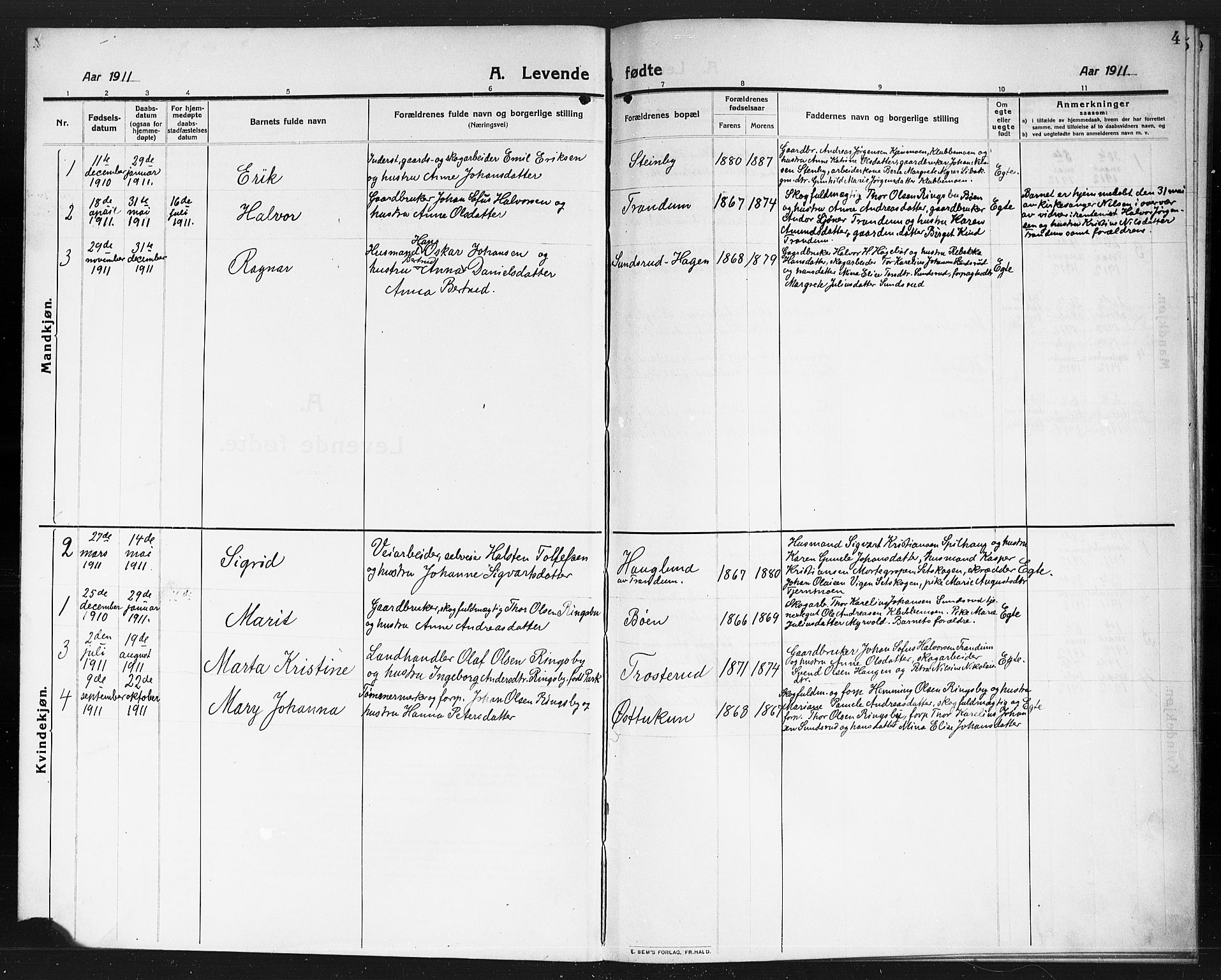 Rødenes prestekontor Kirkebøker, AV/SAO-A-2005/G/Gb/L0002: Parish register (copy) no. II 2, 1911-1921, p. 4