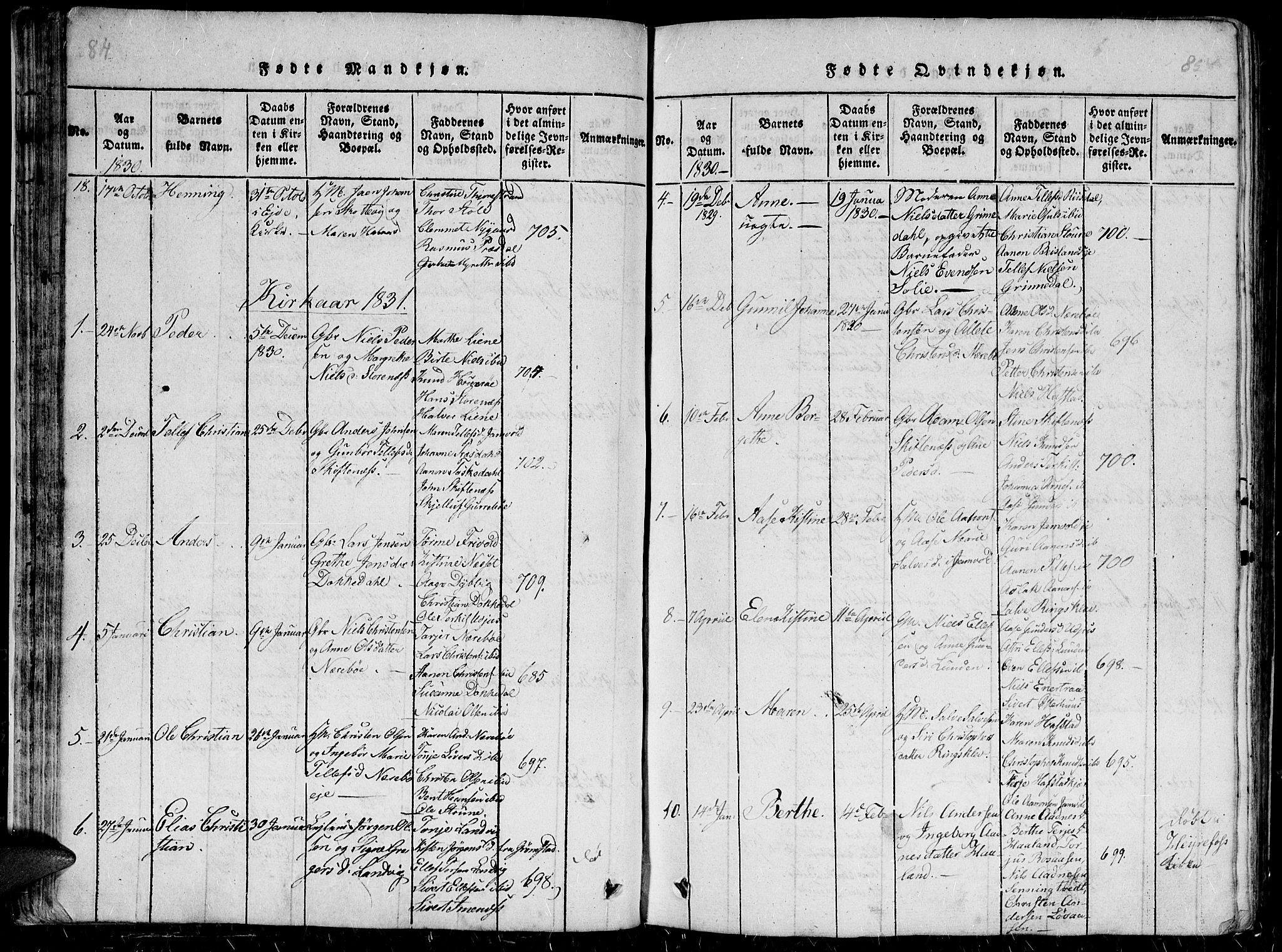 Hommedal sokneprestkontor, AV/SAK-1111-0023/F/Fb/Fbb/L0003: Parish register (copy) no. B 3 /1, 1816-1850, p. 84-85