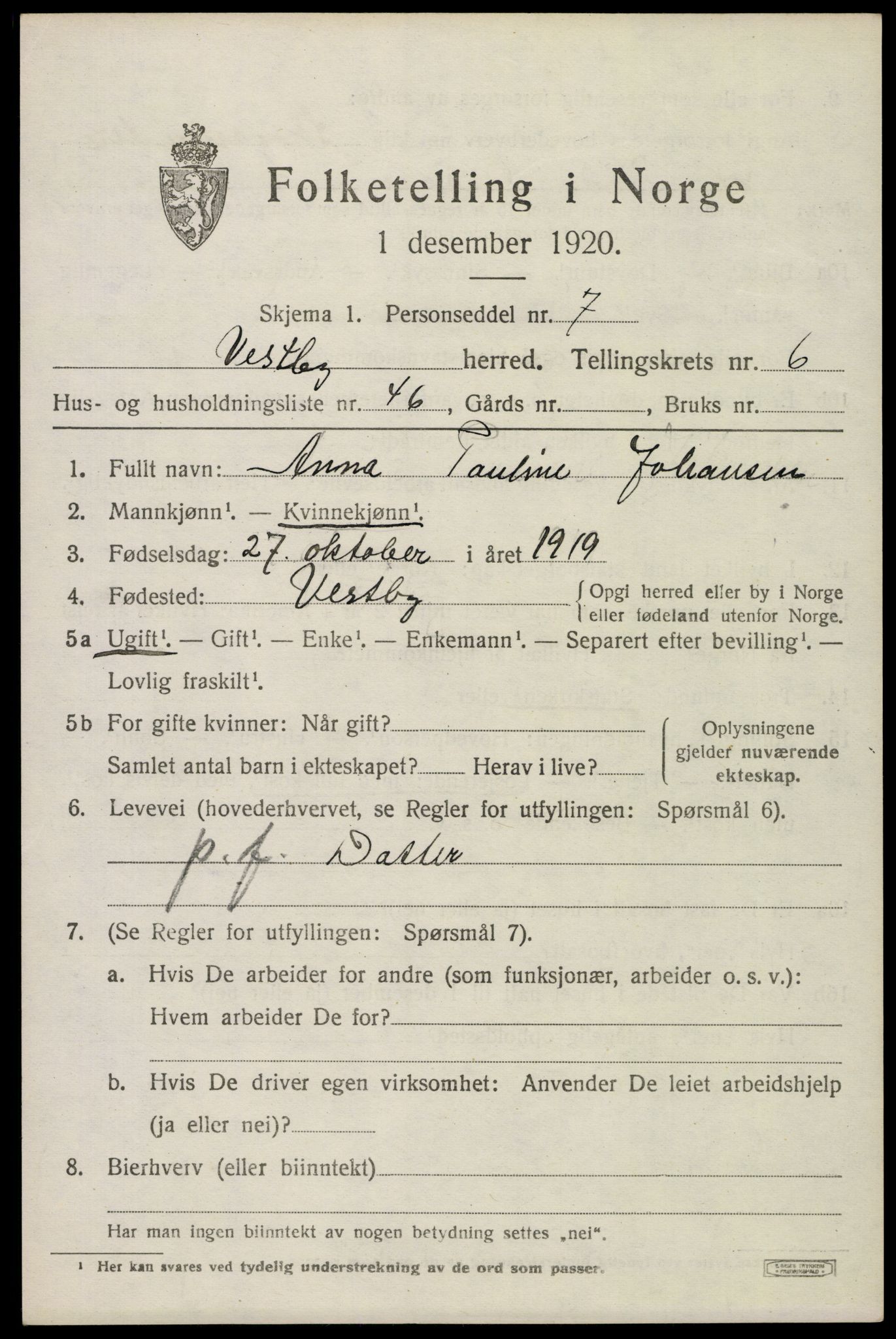 SAO, 1920 census for Vestby, 1920, p. 7285