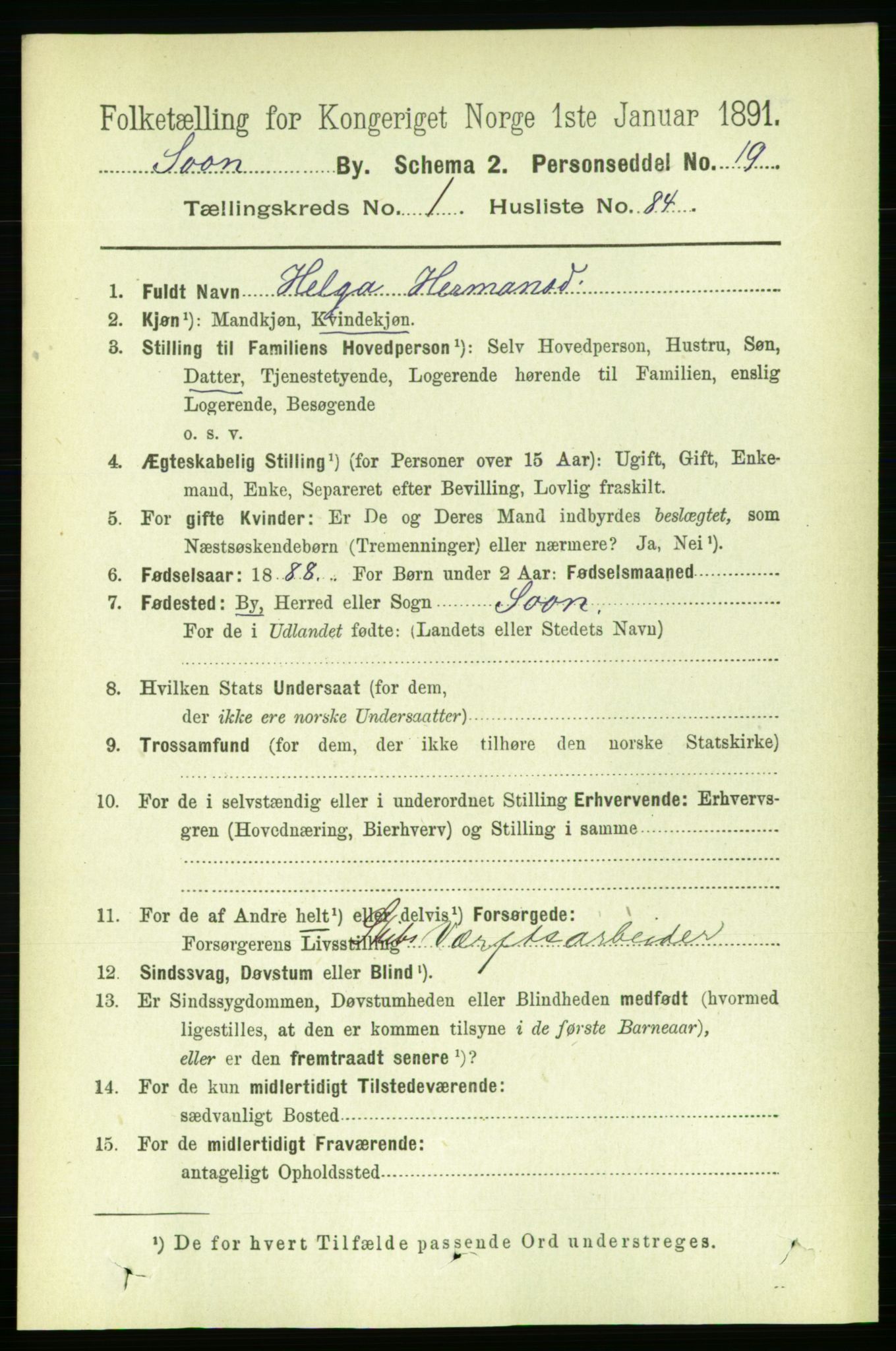 RA, 1891 census for 0201 Son, 1891, p. 621