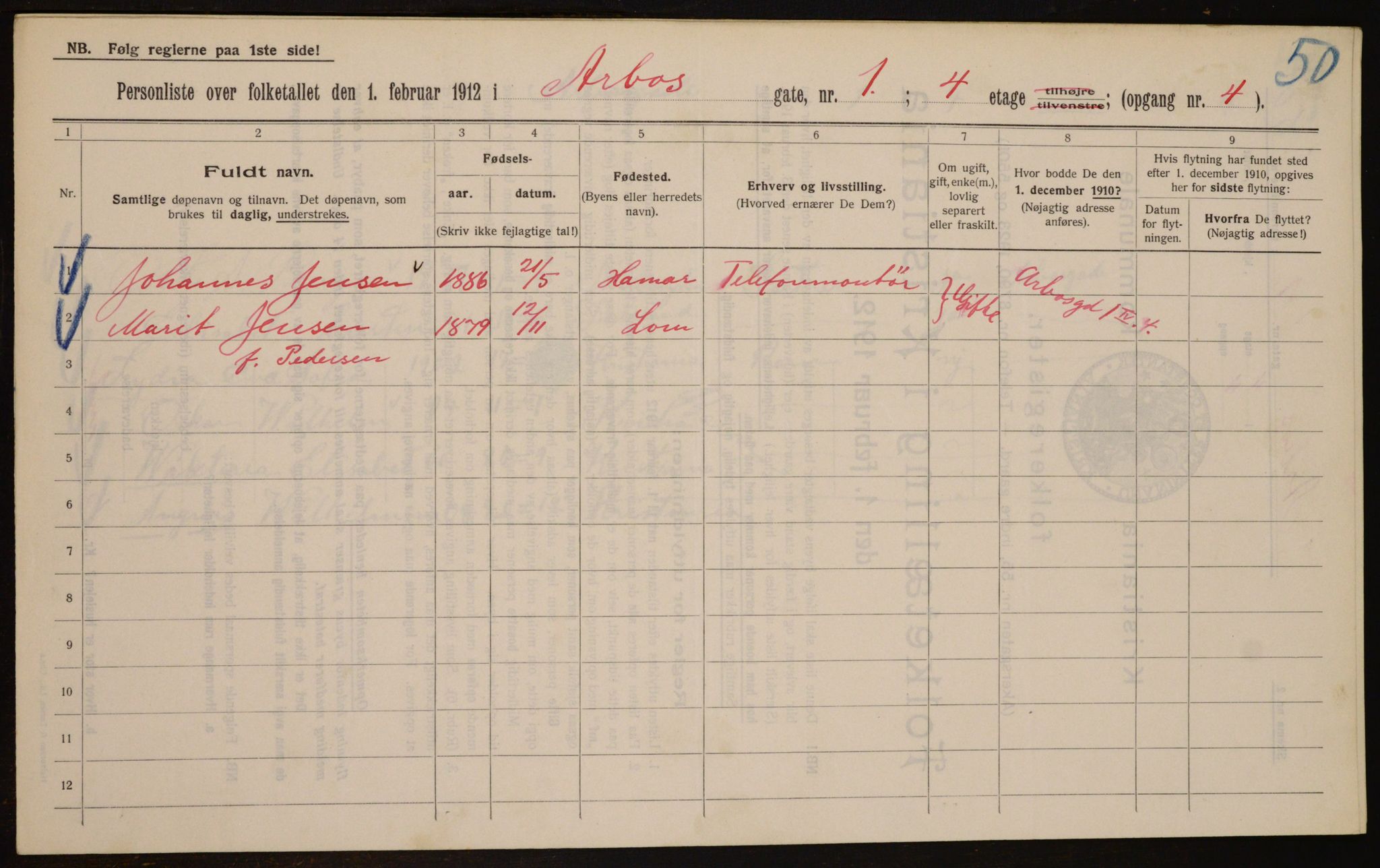 OBA, Municipal Census 1912 for Kristiania, 1912, p. 1636