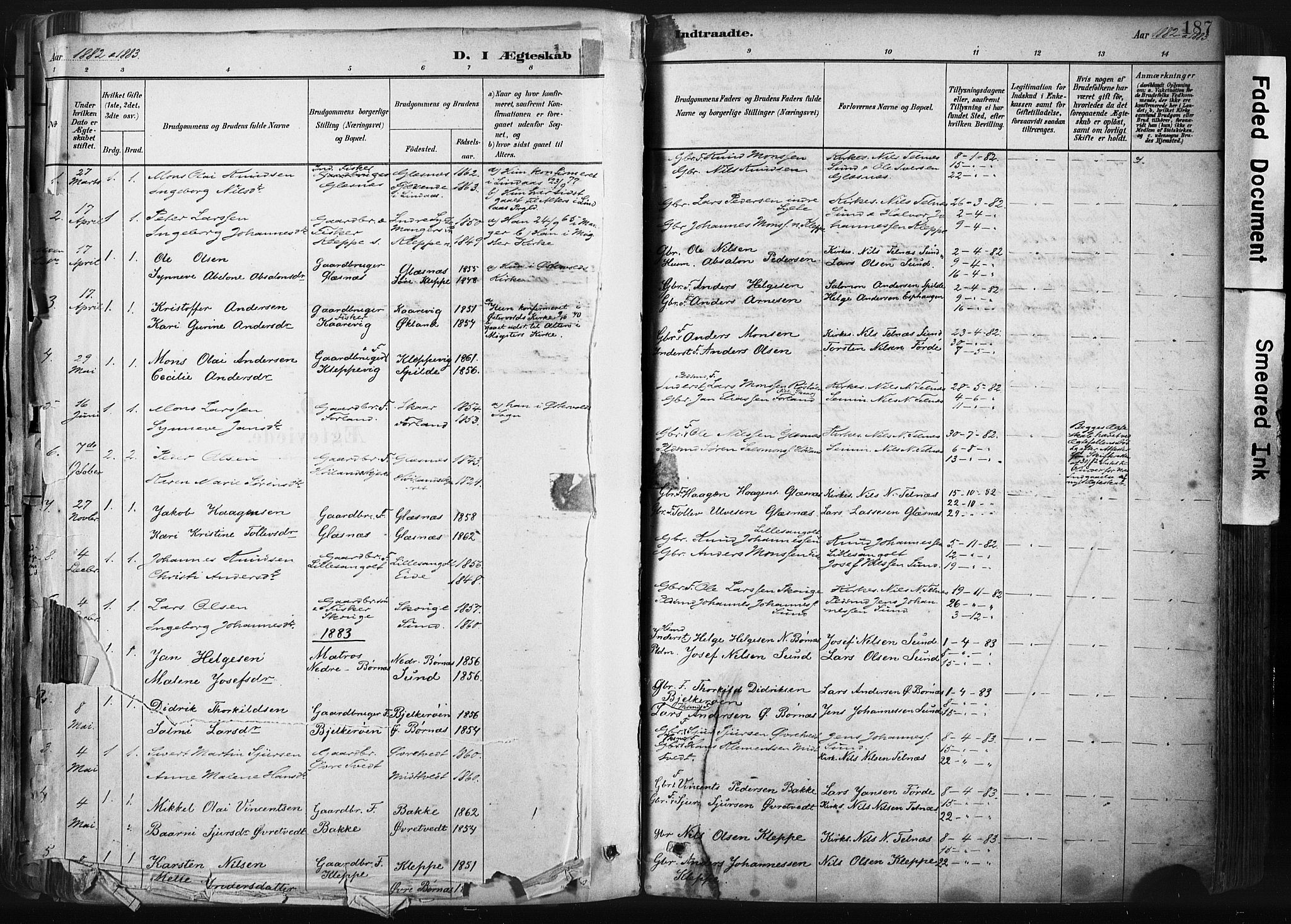 Sund sokneprestembete, SAB/A-99930: Parish register (official) no. B 1, 1882-1907, p. 187